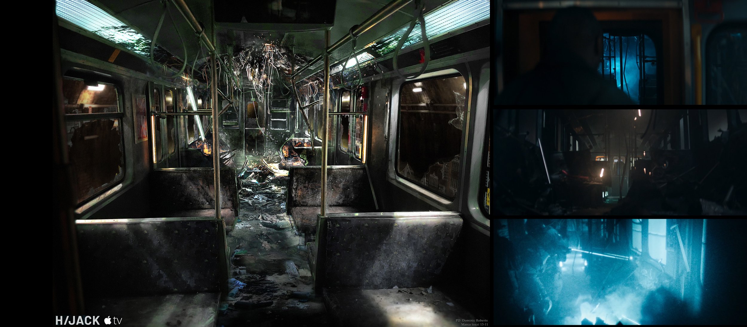 Image of the inside of a severely damaged bus with broken windows, charred seats, and debris on the floor, indicating fire damage; to the right, three smaller panels show scenes of a person in a dark, damaged vehicle, possibly involved in an emergenc