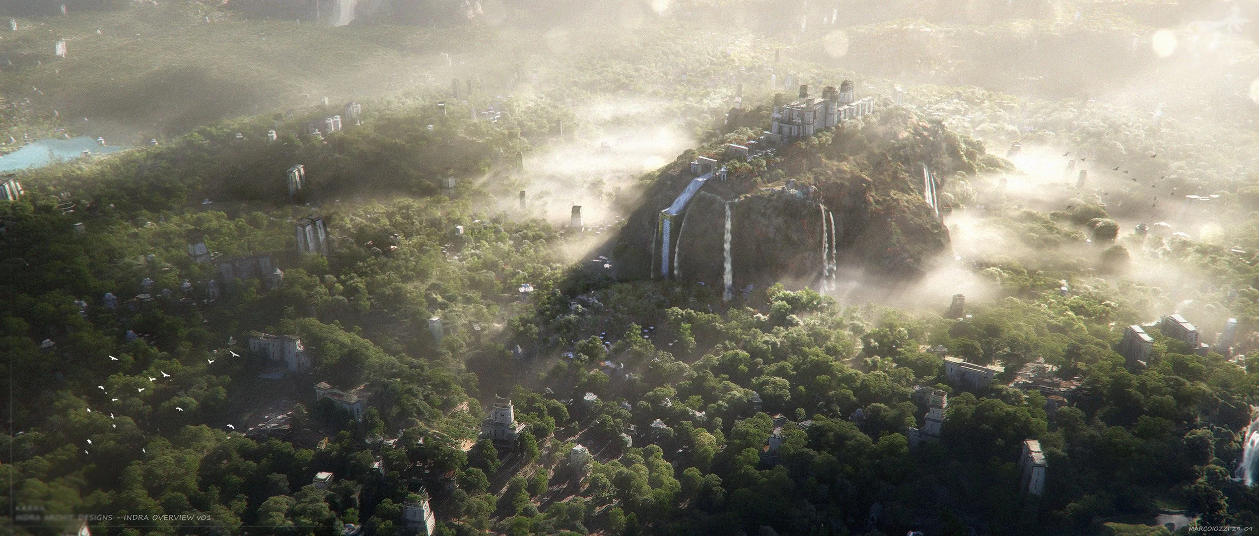 Aerial view of a lush green forest with a large rocky hill in the center, featuring waterfalls cascading down its sides, surrounded by dense trees, small white buildings, and mist in the air.