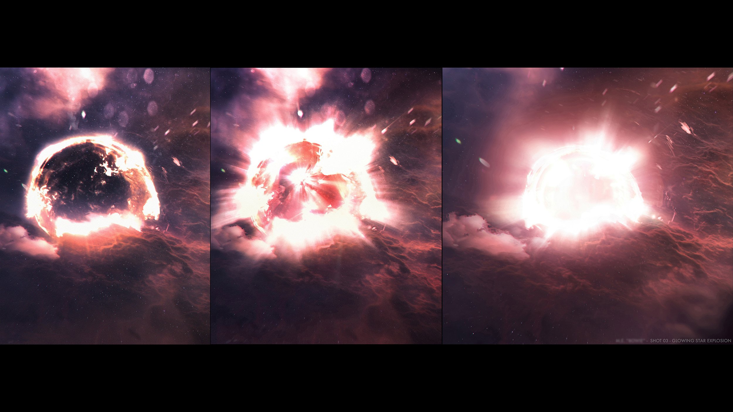 VFX Art direction concept art, of a deep space showing a glowing celestial explosion resembling a star or planet. Multiple smaller images inset show stages of an explosion, with bright flashes and expanding clouds of gas and dust, set against a backd