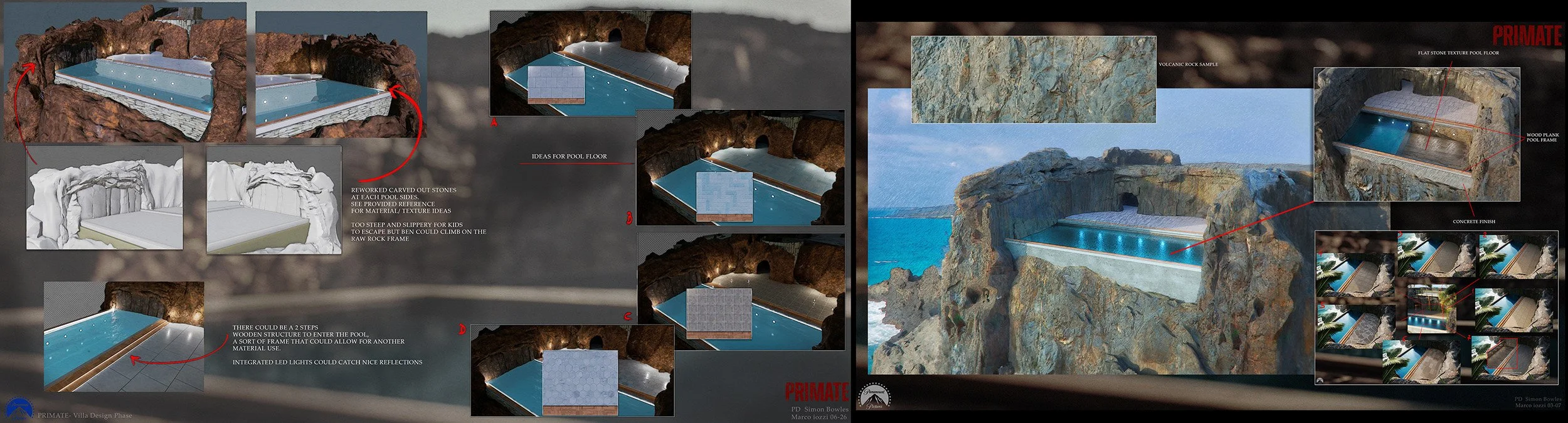 Design sketches and 3D renderings of an outdoor swimming pool embedded in a rocky landscape, with details about construction materials, lighting, and features such as stepping stones and a wooden frame entrance. Primate Paramount concept art