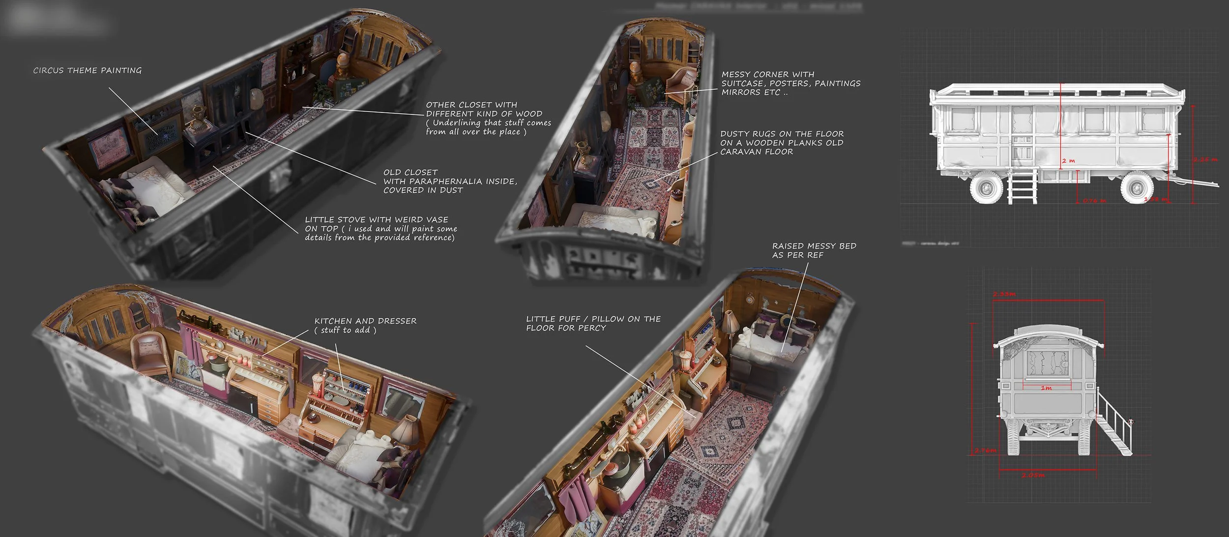 Floor plan illustration of a vintage caravan interior with handwritten notes describing different sections, including a bedroom with a raised messy bed, a kitchen with a dresser, and cluttered corner with posters, paintings, and mirrors. The image al