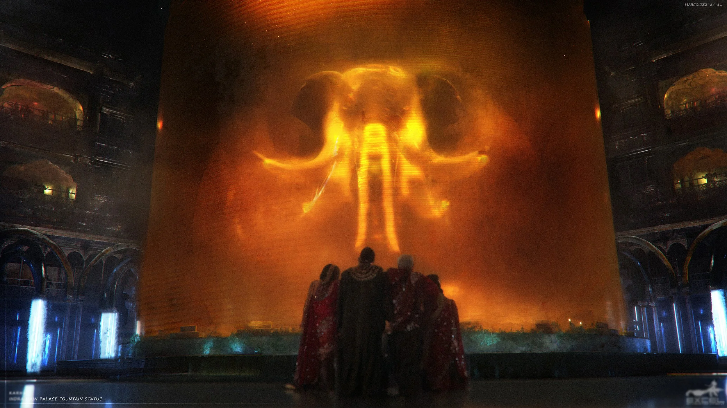 A large indoor fountain features a display with a fiery, glowing image of a human skull projected on a tall cylindrical screen, with several people standing in front observing. Fantasy film concept art