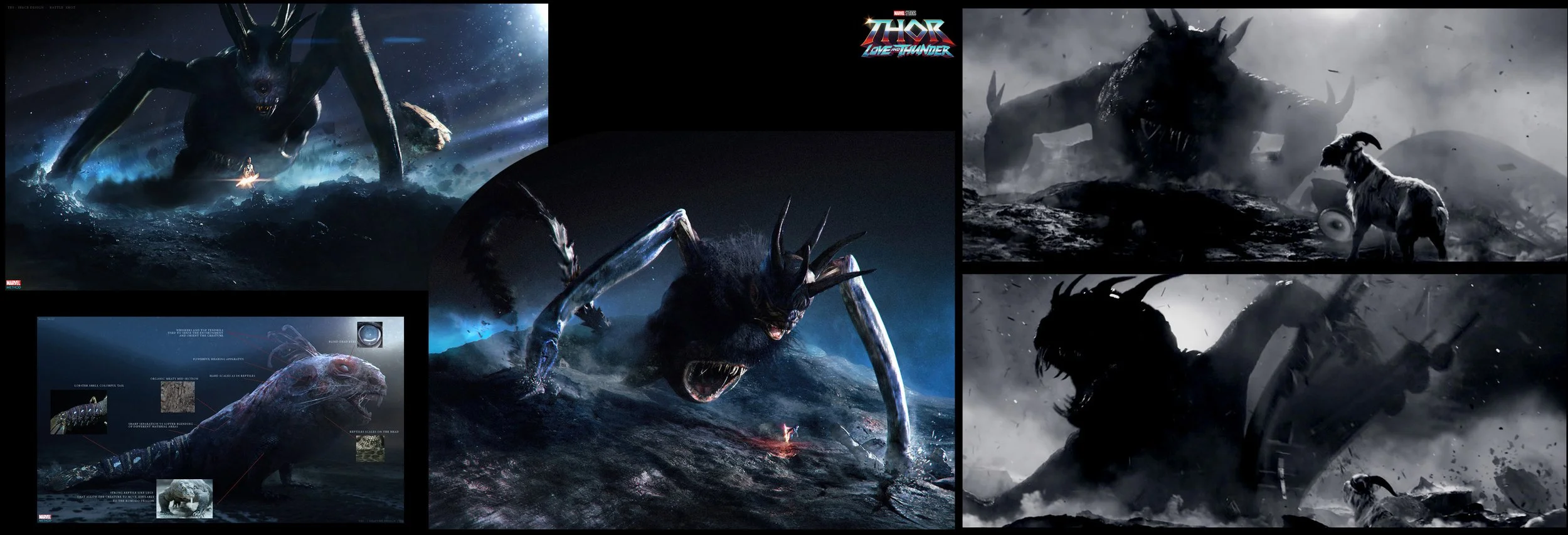 Concept art of Thor: Love and Thunder featuring various monstrous creatures and battles, including a giant beast, a creature with claws emerging from water, and scenes of chaos and destruction.