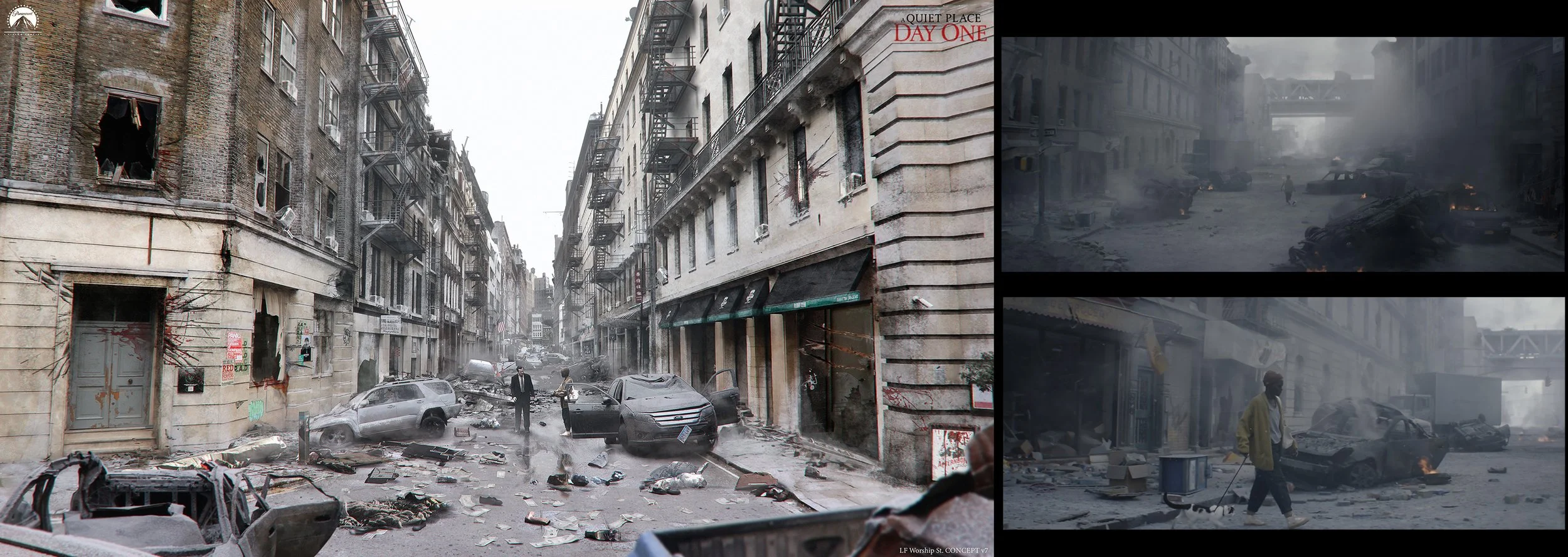 Three views of a war-torn city street with damaged buildings, debris, and abandoned or destroyed cars. The main large image shows a street with rubble, burned cars, and two men walking amid destruction. The top right image depicts a heavily damaged s