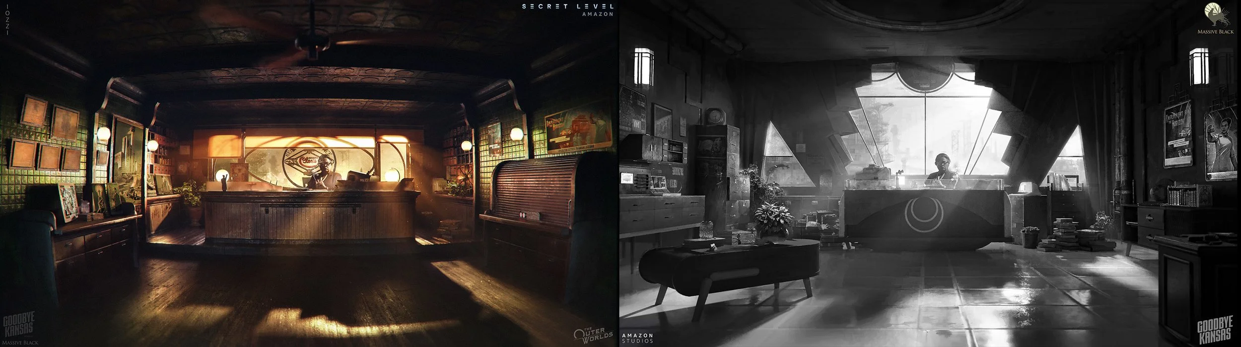 Side-by-side images of futuristic, high-tech interior spaces: the left image shows a warmly lit, vintage-style bar with wooden furniture, paintings, and a man behind the counter; the right image depicts a modern, minimalist lounge area with angular d