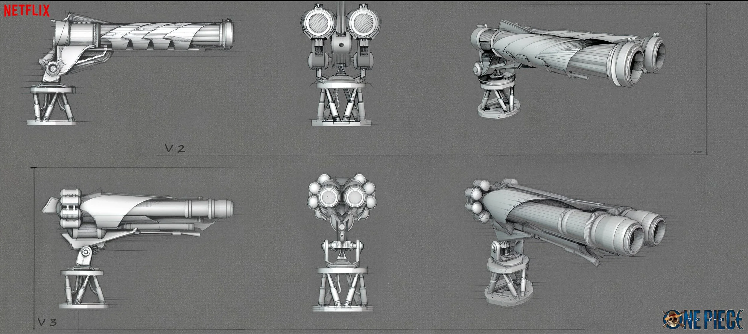 netflix one piece development phase and design, featuring Images of various gun designs from the anime One Piece, including technical sketches and 3D models of cannons and rifles, with a character aiming a large cannon.