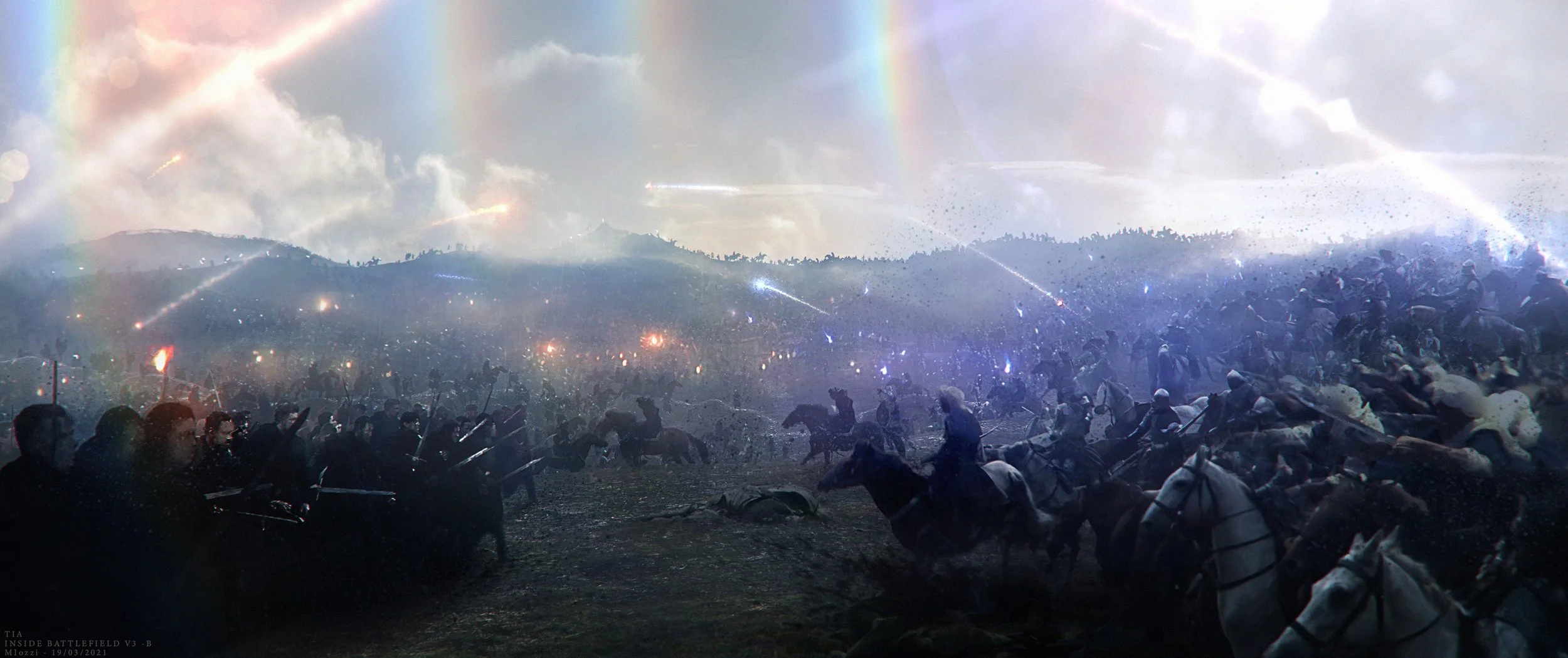 A digital painting of a battlefield scene with soldiers on horseback charging forward, projectile fire, and a sky filled with streaks of light and rainbows.