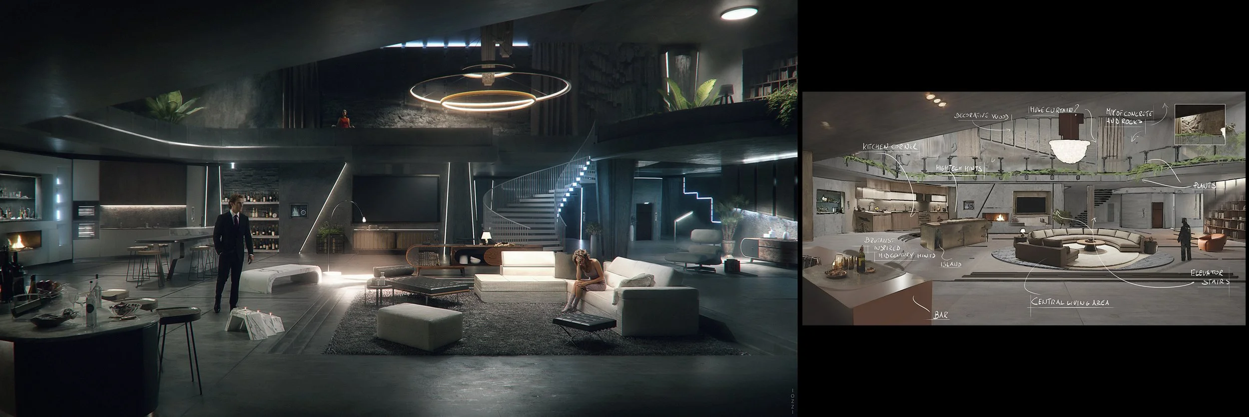 Modern, spacious living room with a seating area, lounge chairs, and a staircase with LED lighting, featuring a woman sitting on a sofa and a man standing nearby.