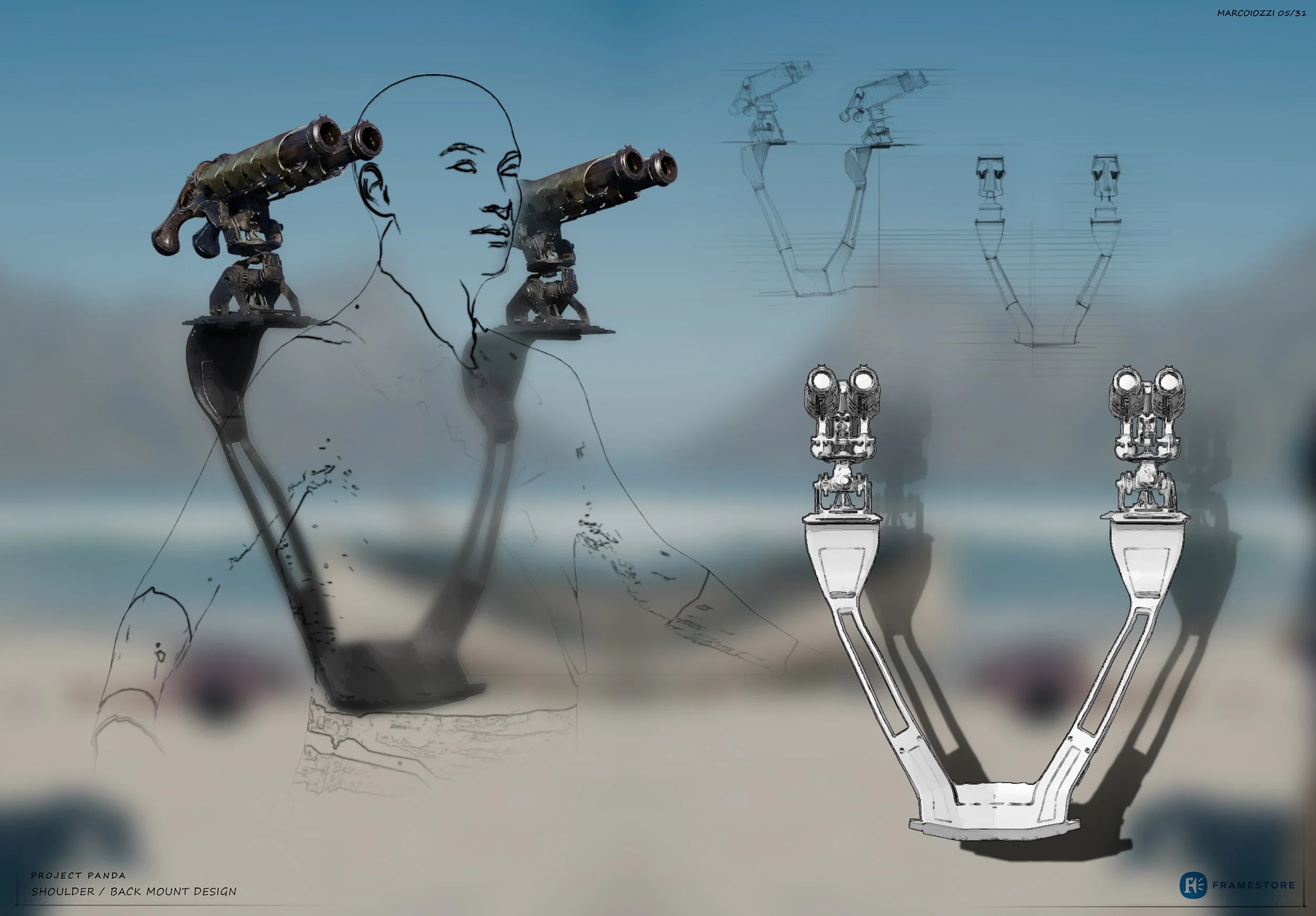 netflix one piece development phase and design, featuring Images of various gun designs from the anime One Piece, including technical sketches and 3D models of cannons and rifles, with a character aiming a large cannon.