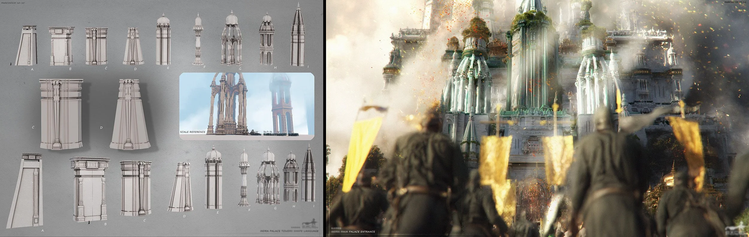 Left side shows architectural blueprint and 3D model of a tall, ornate tower, labeled with design steps from A to H; right side depicts a scene with soldiers in uniform approaching a grand, ornate palace under attack with smoke, fire, and destruction