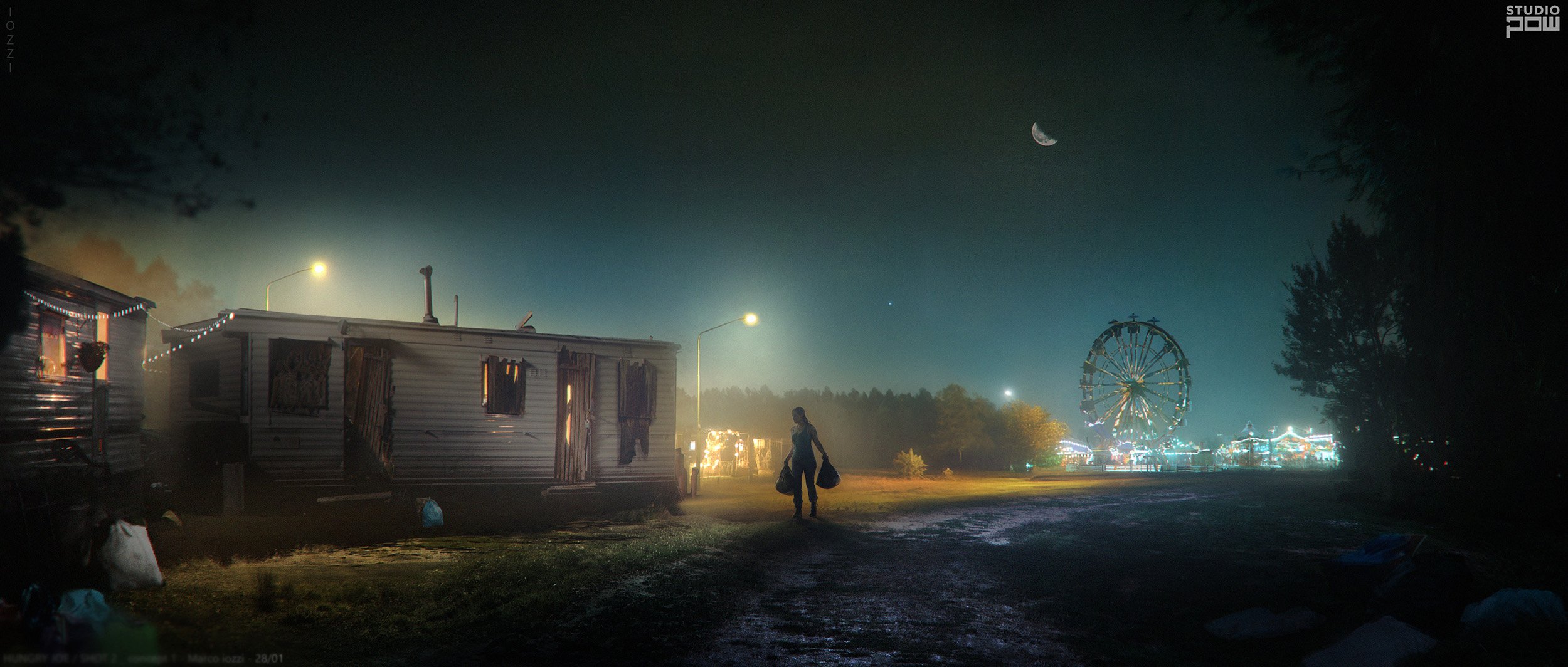 A night scene at a fair or carnival with a person walking past metal shacks, illuminated by streetlights, with an illuminated Ferris wheel and amusement rides in the background, under a dark sky with a crescent moon. Horror Concept Art 