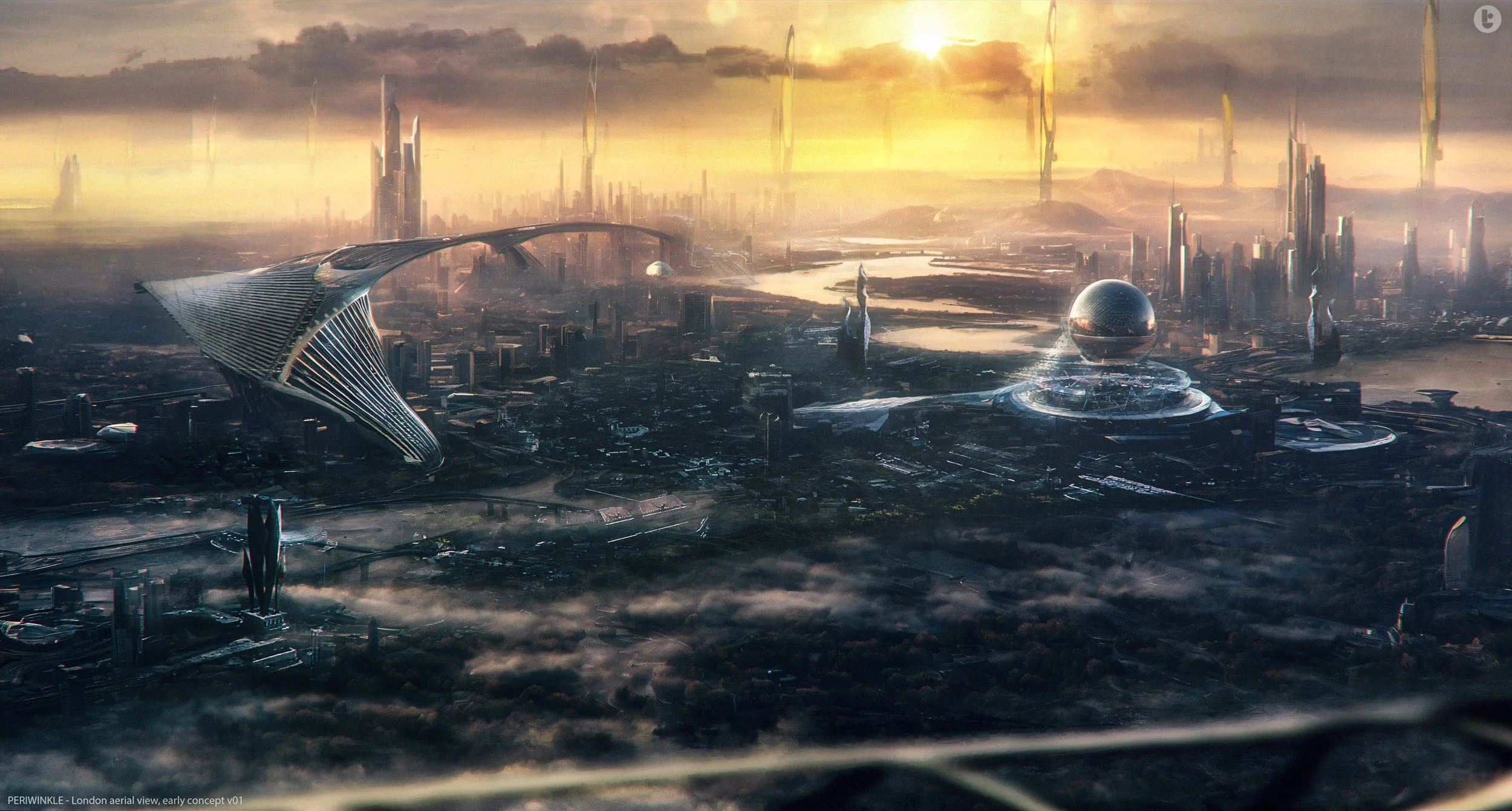 Futuristic city skyline with tall skyscrapers, domed structures, and a floating cityscape illuminated by a setting sun, viewed from above.