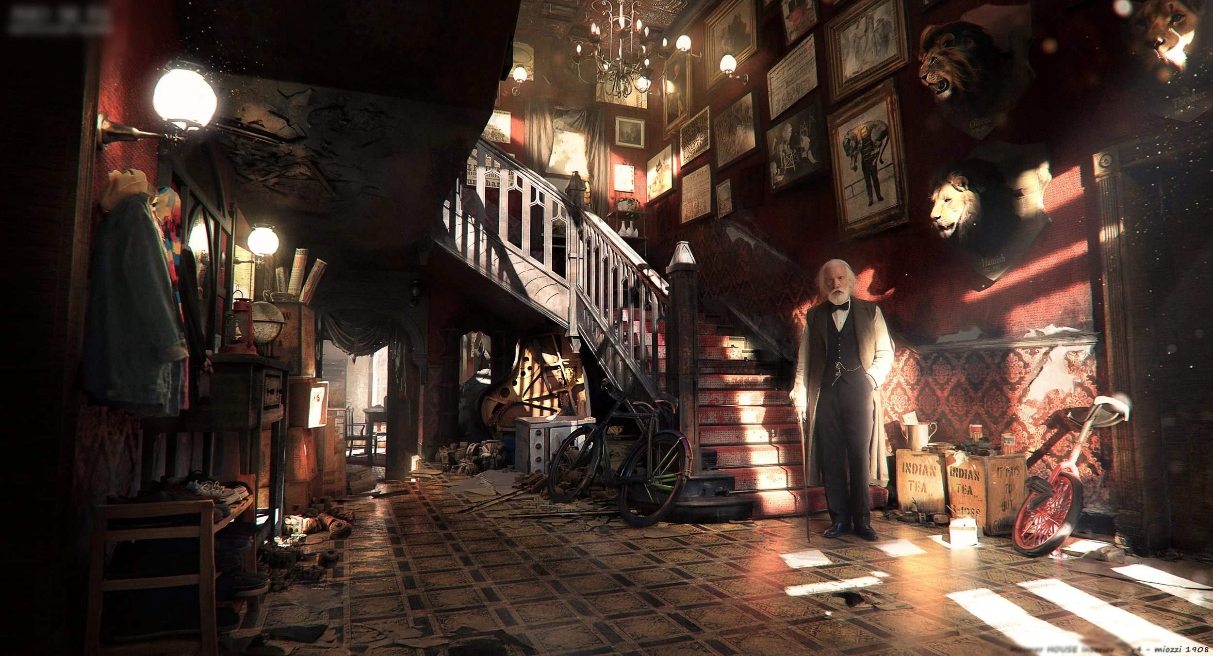 Interior of a cluttered, old-fashioned house with a staircase, scattered objects, and a man with a white beard wearing a vest and bow tie, standing among various items including bicycles, boxes, and a musical instrument. The walls are decorated with 