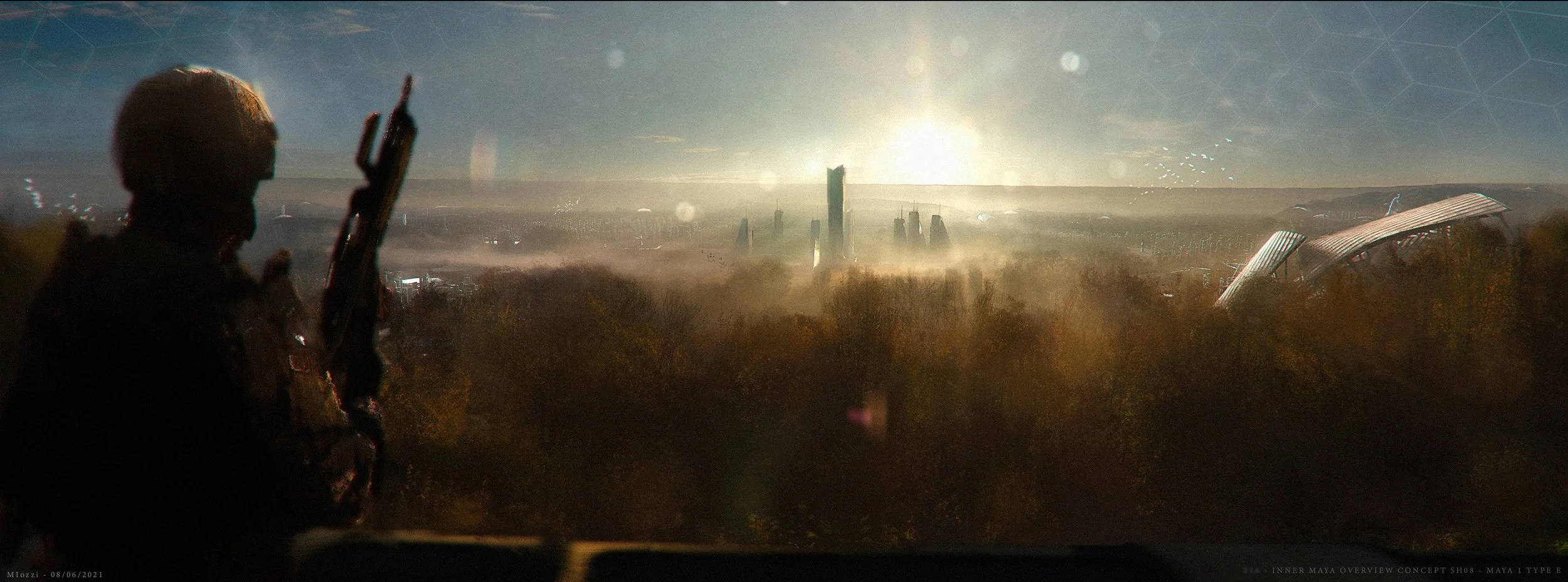 Futuristic cityscape with tall skyscrapers, a soldier silhouette in the foreground holding a weapon, and large curved structures on the right, with a glowing sun and hexagonal patterns in the sky.  Fantasy film concept art