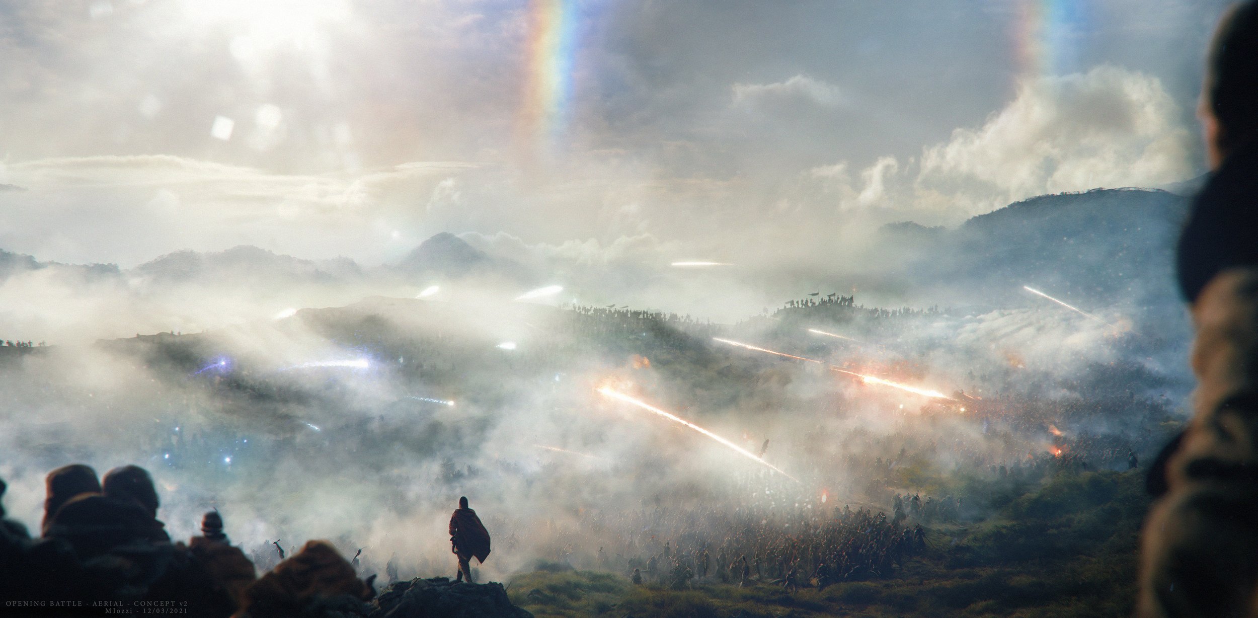 A scene from a battle with smoke, explosions, and missile fire across a landscape with mountains and clouds, with soldiers and a person standing in the foreground.