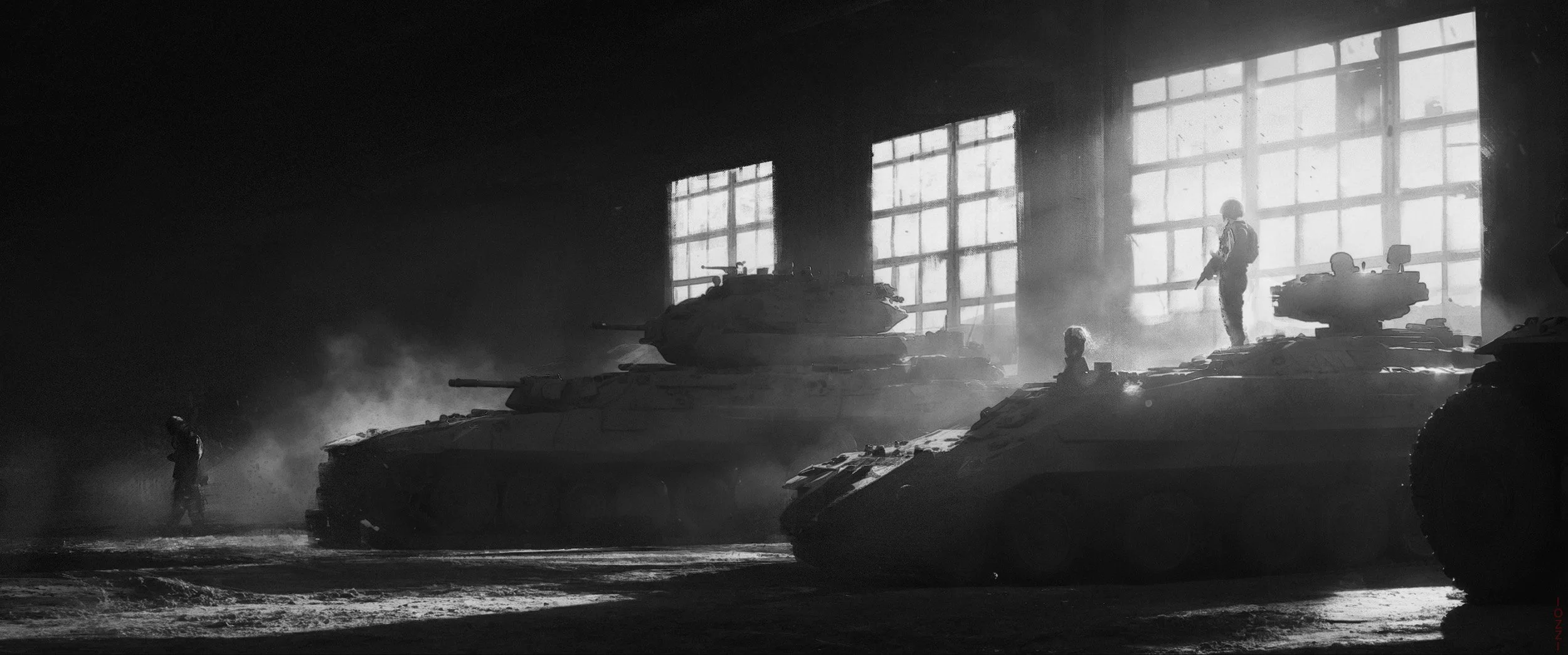 Black and white photo of military tanks and soldiers inside a large industrial-style building with large windows, with sunlight streaming through.