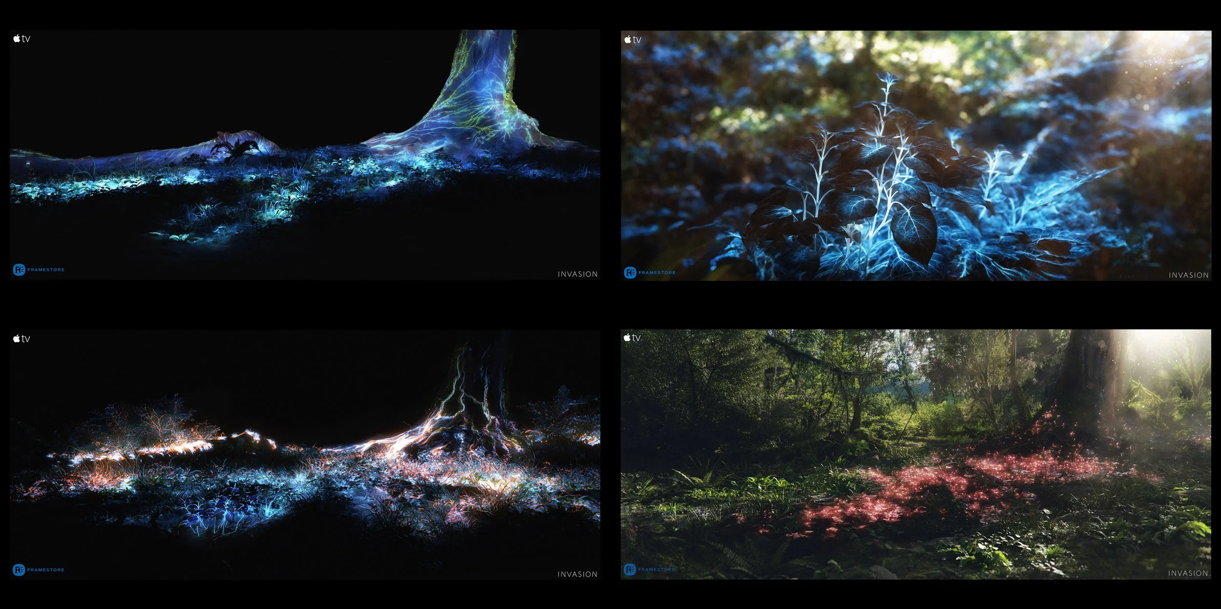 Four scenes of nature enhanced with glowing, neon-like effects. The top left depicts a glowing tree and landscape; the top right shows glowing plants in a forest; the bottom left features a glowing tree with electric roots; and the bottom right displ