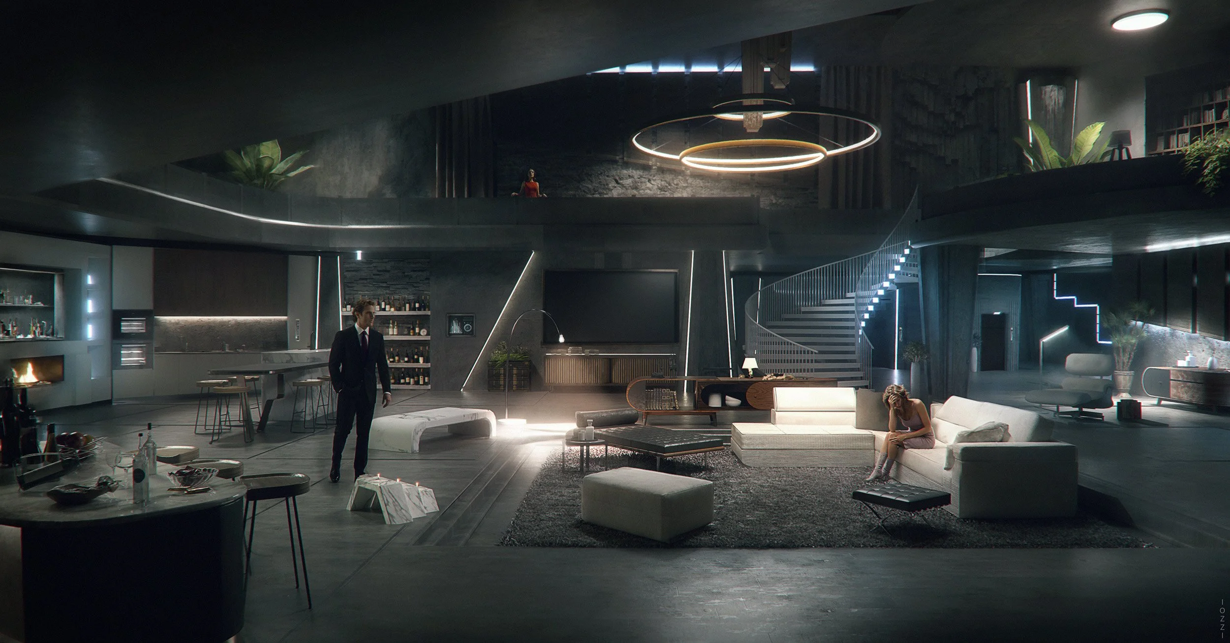 Movie pitch interior design, modern, spacious living room with a seating area, lounge chairs, and a staircase with LED lighting, featuring a woman sitting on a sofa and a man standing nearby.