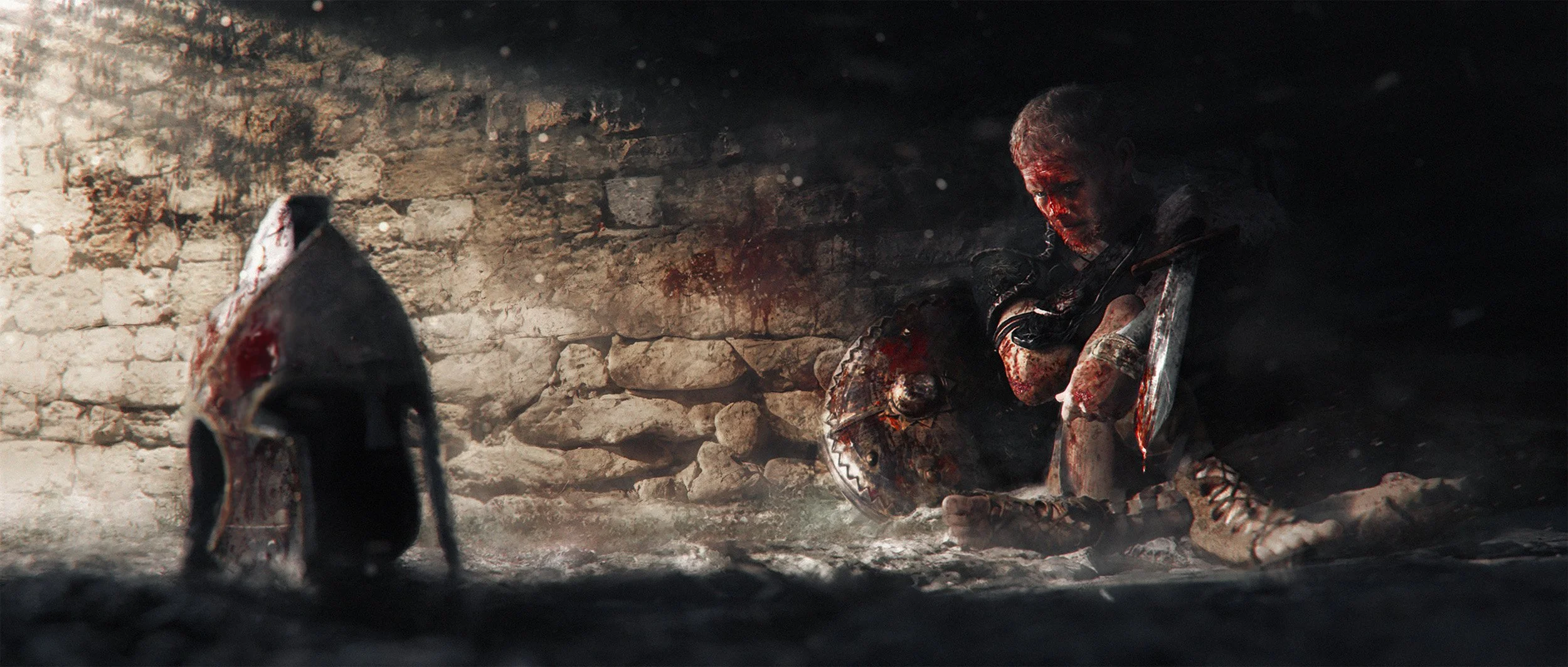 A gladiator resting just outside the Coliseum arena after a bloody fight, he's exhausted, his helmet in the foreground, Gladiator inspired artwork
