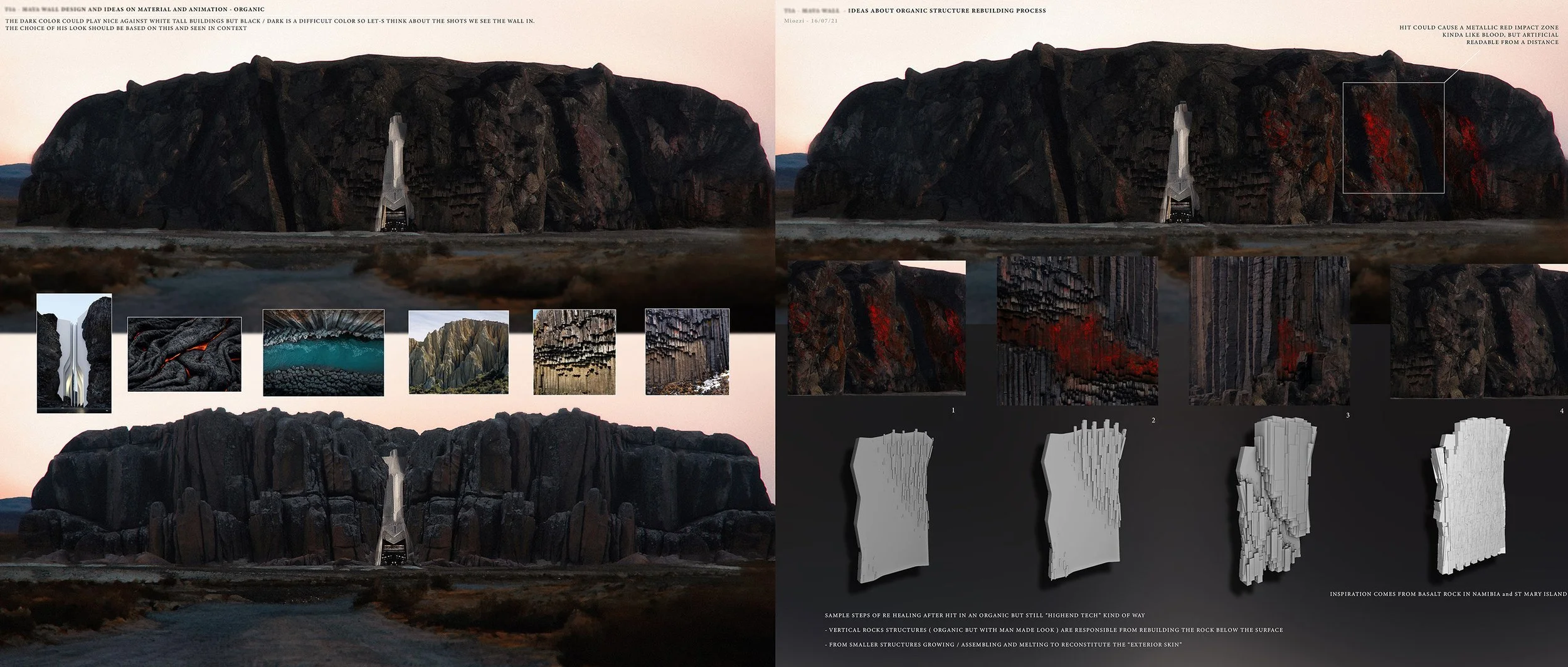 A large basalt rock formation featuring a man-made waterfall in front, with detailed images and diagrams of volcanic rock structures below, illustrating the organic rebuilding process of volcanic rock surfaces.