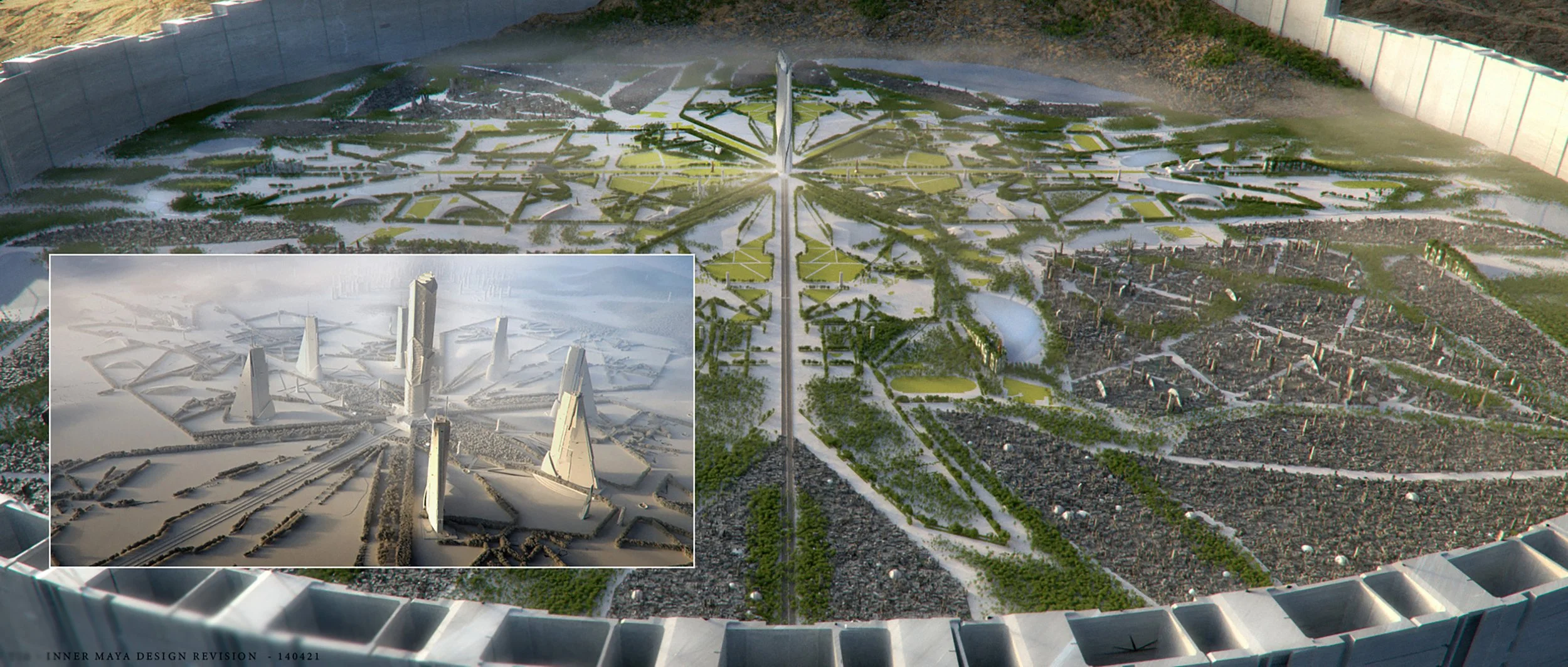 A detailed architectural model of a futuristic city layout, featuring tall skyscrapers, green spaces, water bodies, and roadways. An inset shows a close-up of the city skyscrapers surrounded by snow or white material, labeled "INNER MAYA DESIGN REVIS