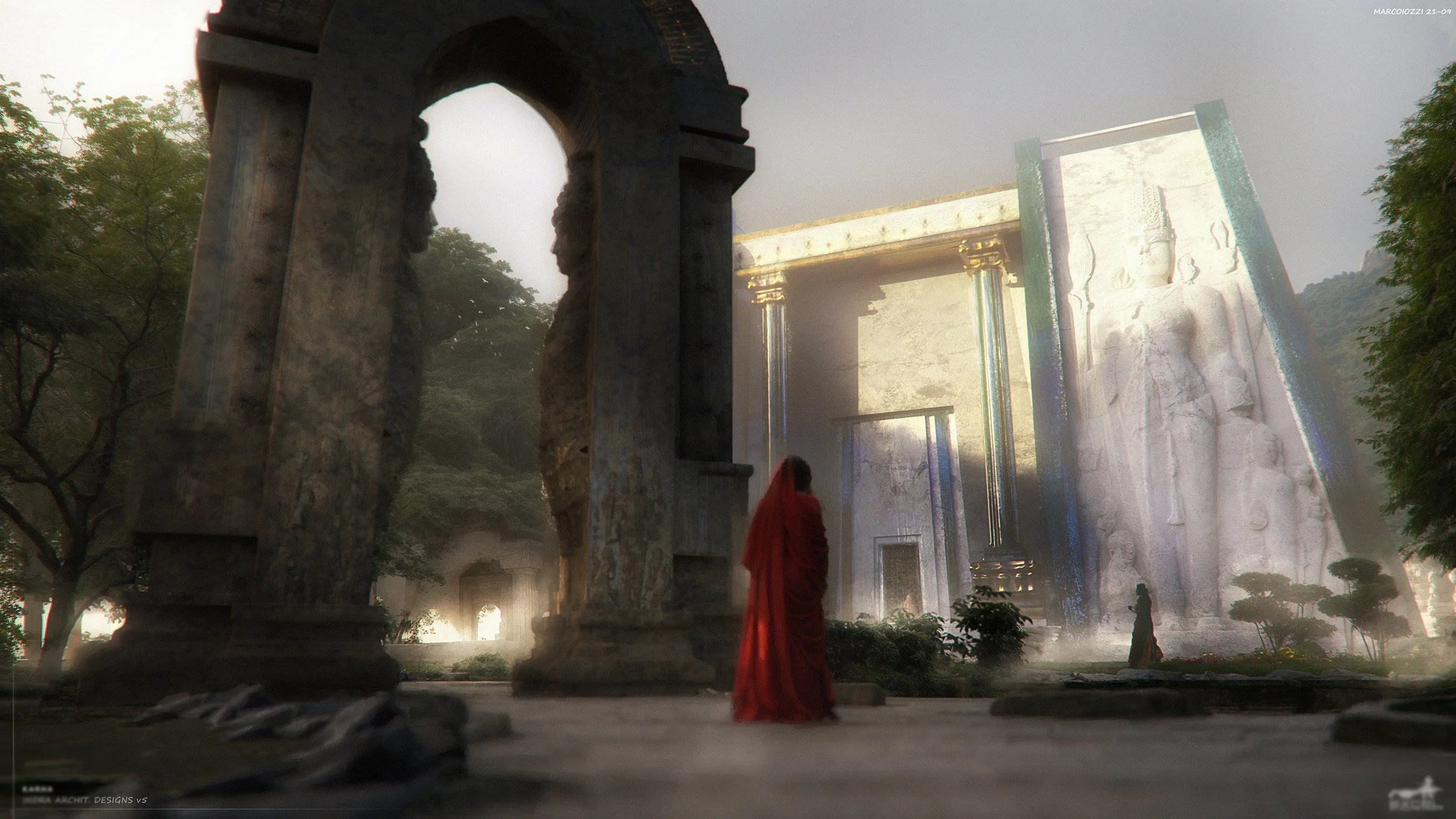 A person in a red outfit standing near ancient stone ruins with a large carved stone face and a white sculpted wall, surrounded by trees and fog. Fantasy film concept art