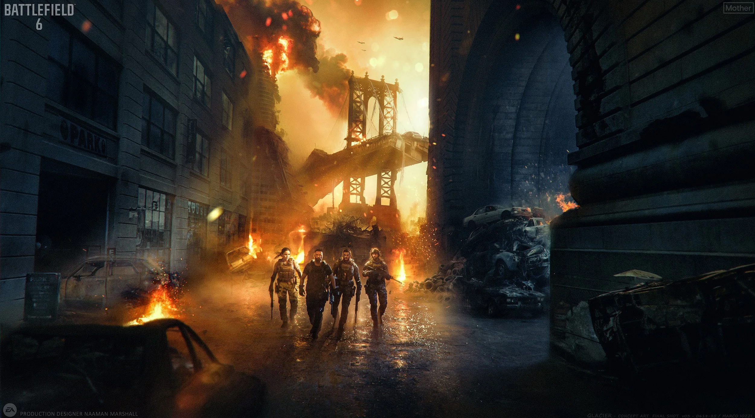 Four soldiers walking through a city street with destruction, fires, and smoke, with a bridge in the background on fire, and damaged cars scattered around.