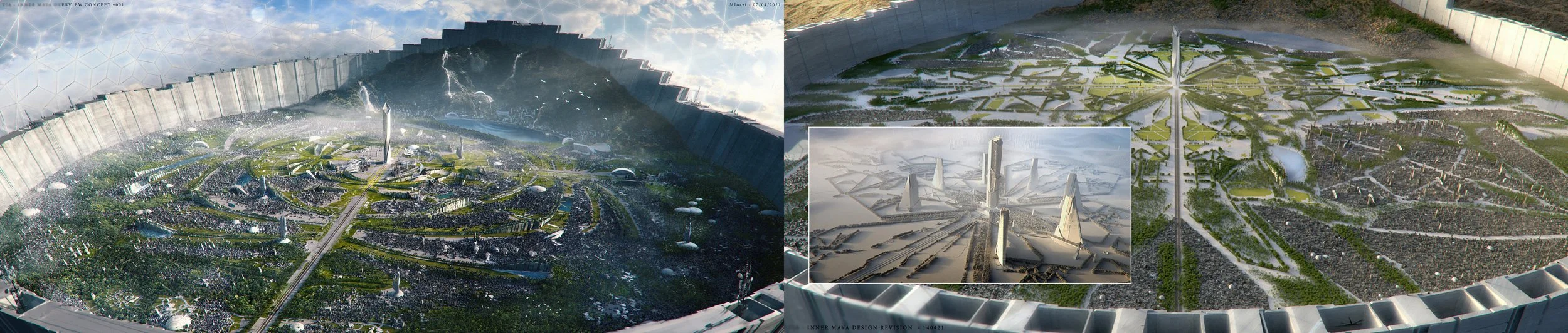 A conceptual rendering of a futuristic city, showing a large circular structure with tall buildings in the center, surrounded by green spaces, water features, and elevated walkways. The left side depicts a detailed, populated cityscape, while the rig