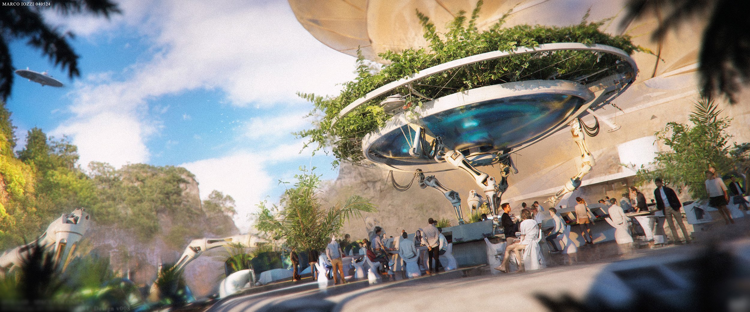 Futuristic building with hovering structures, surrounded by people and greenery, with a mountain and a cloudy sky in the background