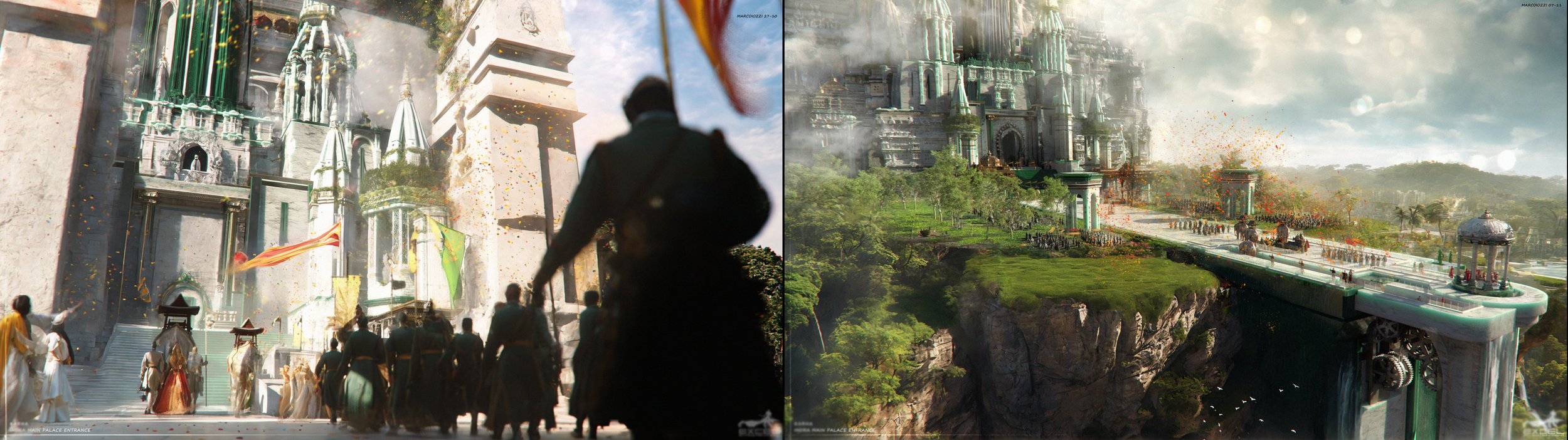 Two fantasy-style images of a large palace with tall spires and intricate architecture. The left image shows people walking toward the palace entrance with some wearing traditional attire, while the right image presents a similar palace with lush gre