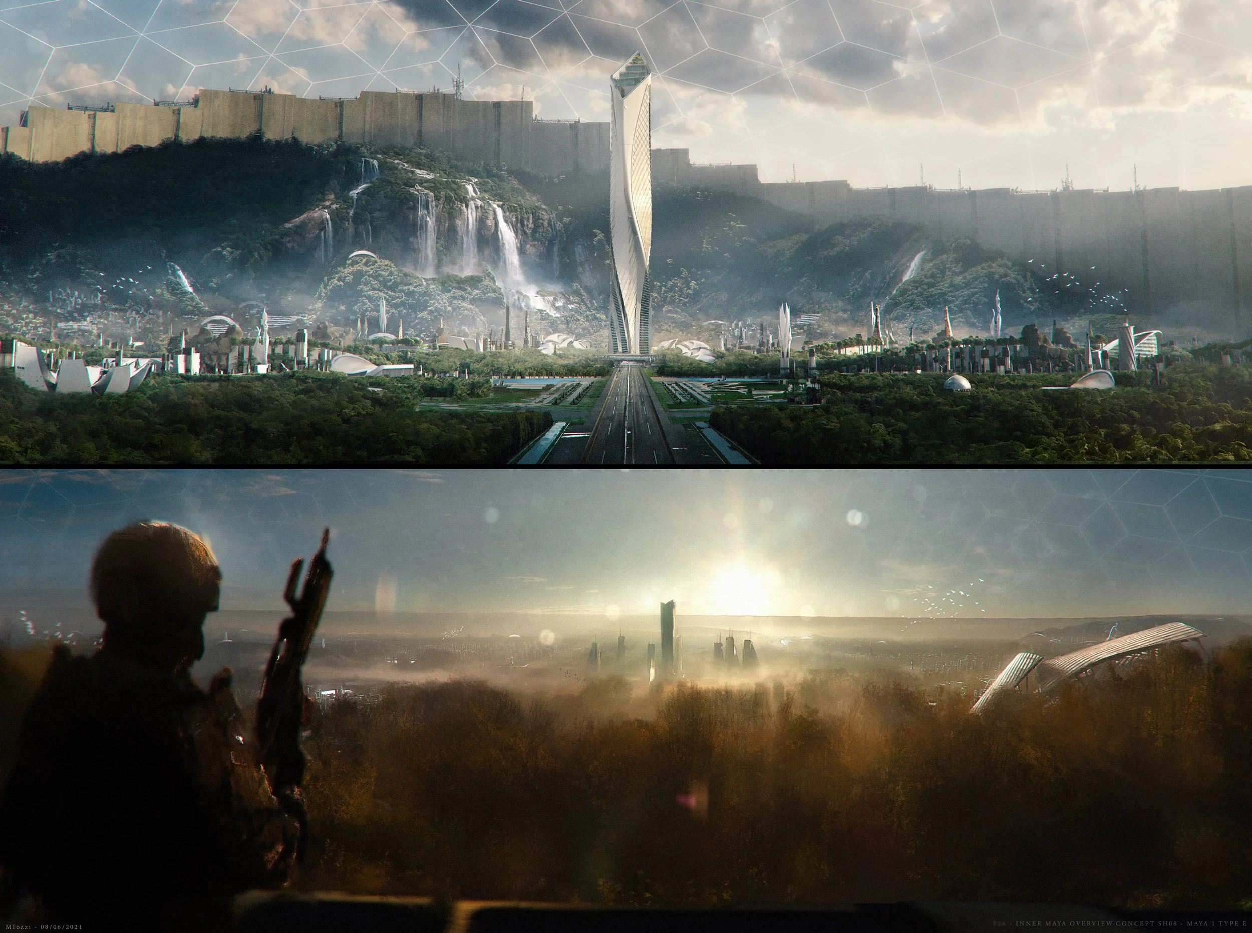 Two futuristic cityscapes, one above the other. The top city has a tall, twisting skyscraper with waterfalls and a large wall or barrier in the background, with greenery and water features. The bottom city shows a person in a military or futuristic u