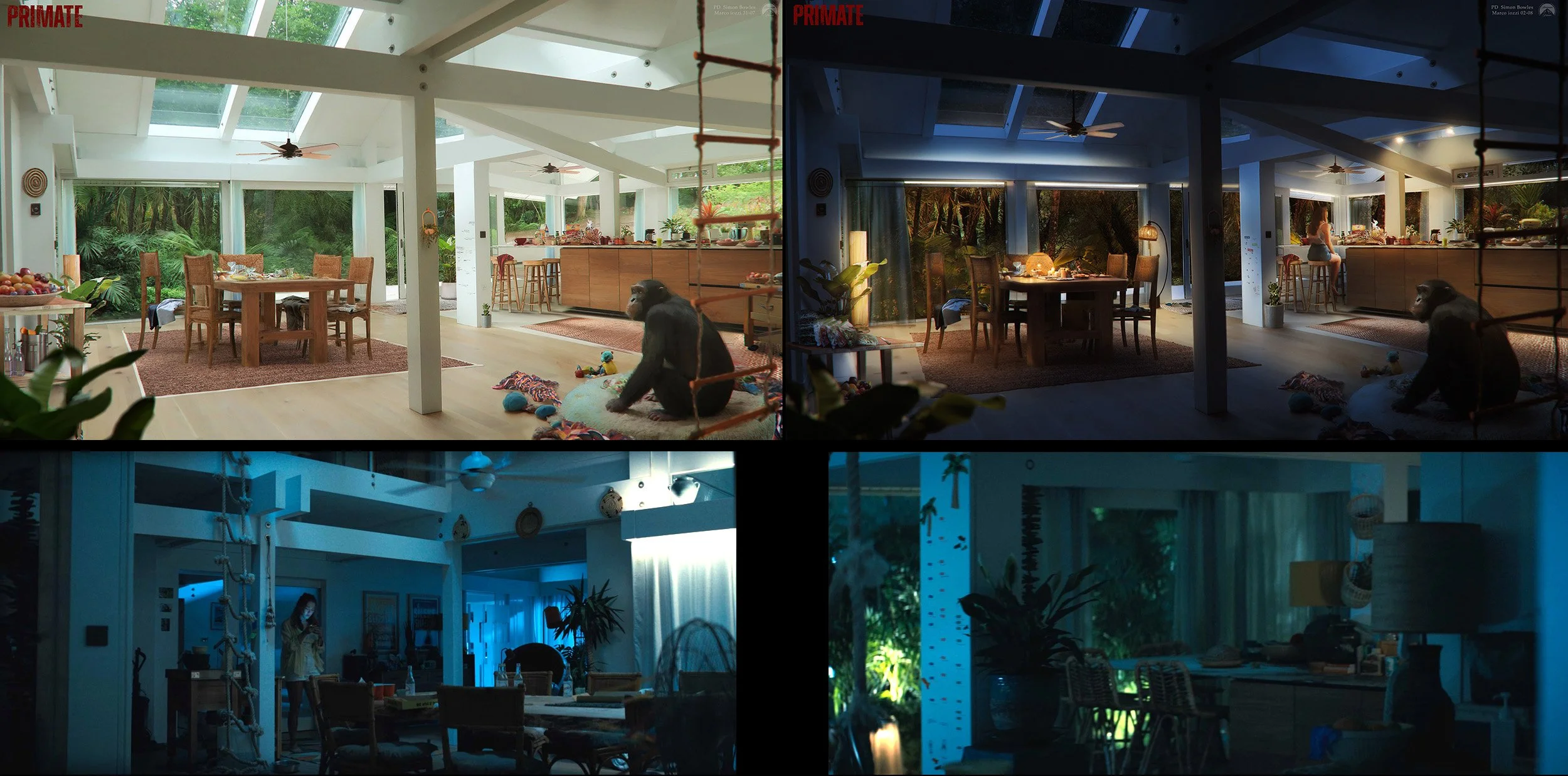 Four images showing a transition from daytime to nighttime in a bright kitchen and dining area. The top-left shows daylight, with a dining table, chairs, plants, and a gorilla stuffed animal on the floor. The top-right shows the same room at night wi