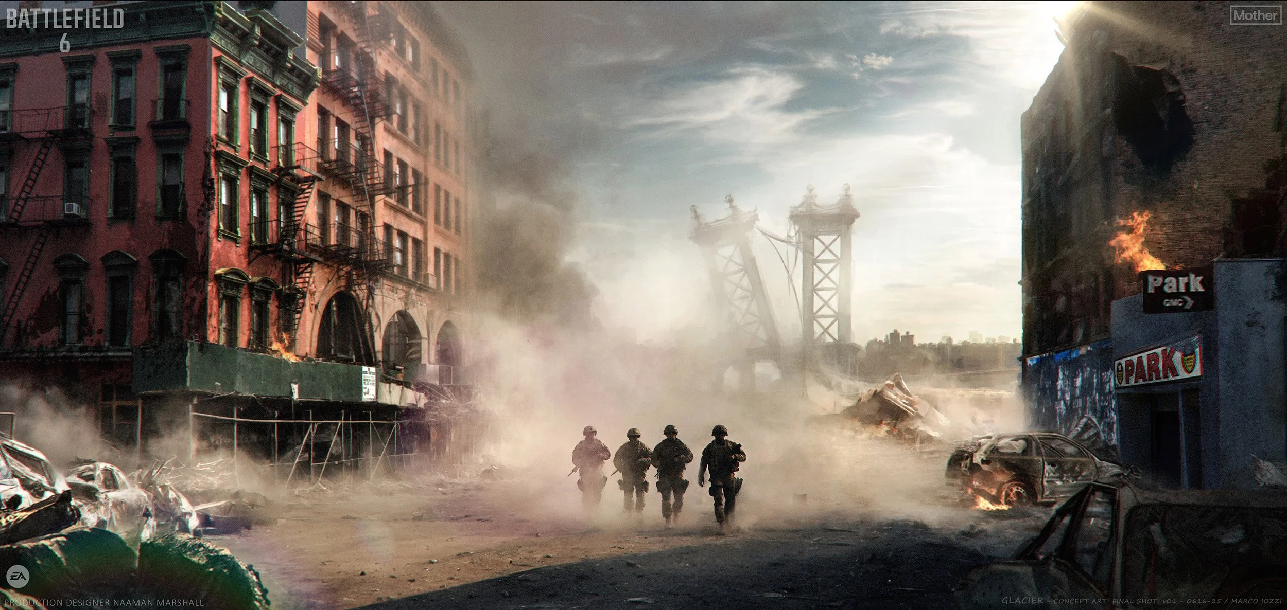 A city street with buildings on both sides, some of which are on fire with smoke billowing out. There are four soldiers walking down the street with smoke and debris around them. Cars are burned and damaged, and a large bridge can be seen in the back