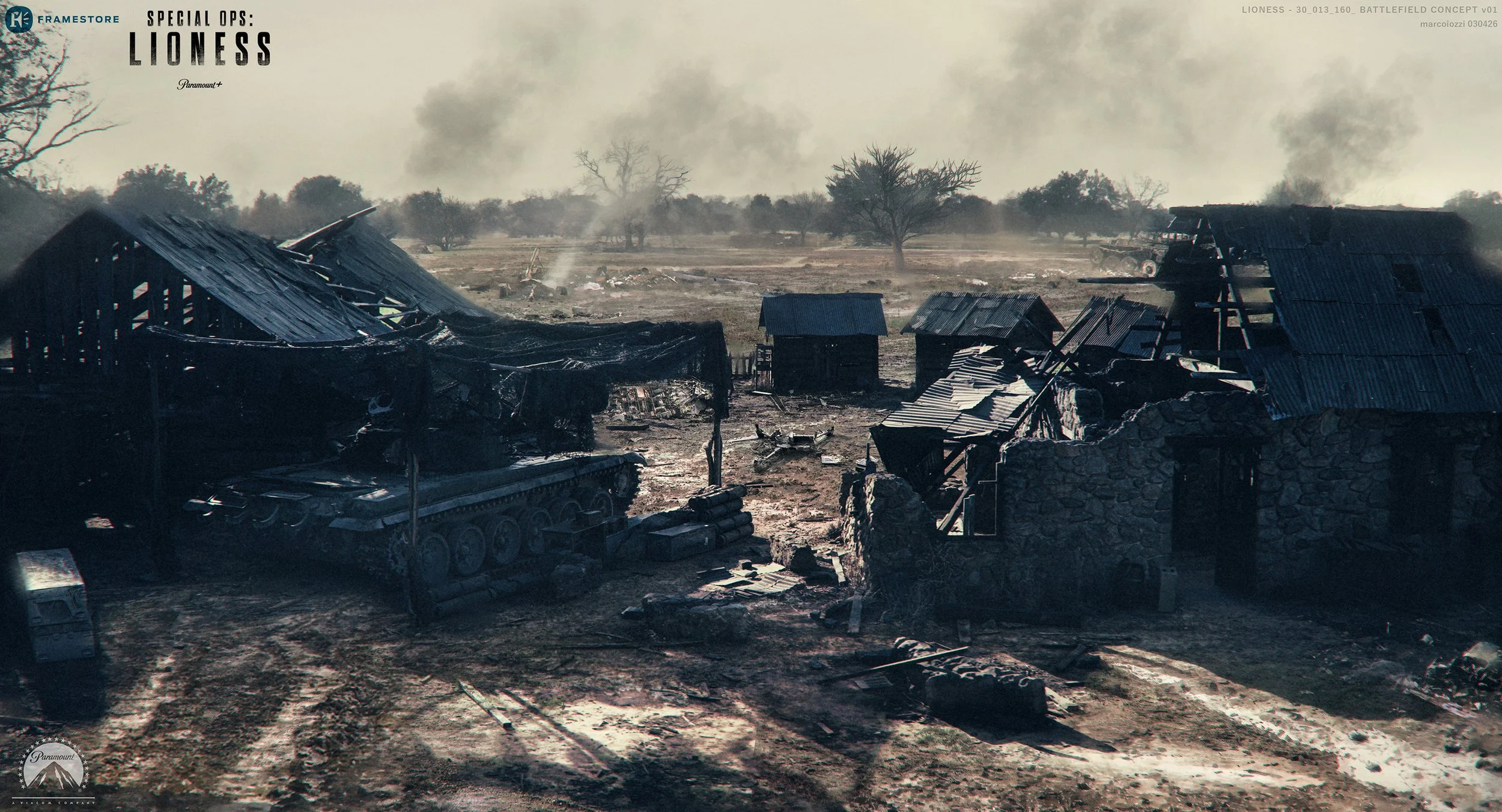 A battlefield landscape with destroyed buildings, smoke rising in the background, and military vehicles amid debris and rubble.