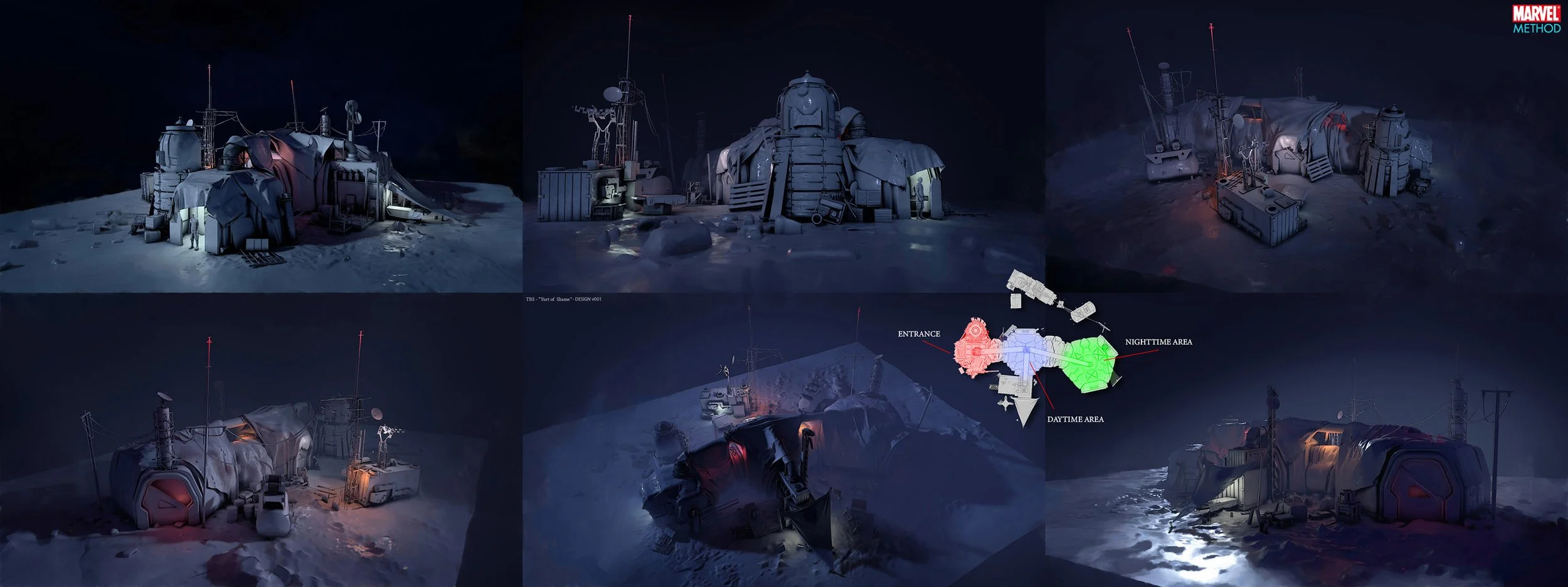Artistic renderings of a lunar base with structures and equipment on the moon's surface, including communication antennas, domes, and a diagram showing the entrance, daytime area, and nighttime area of the base. Thor Love and Thunder