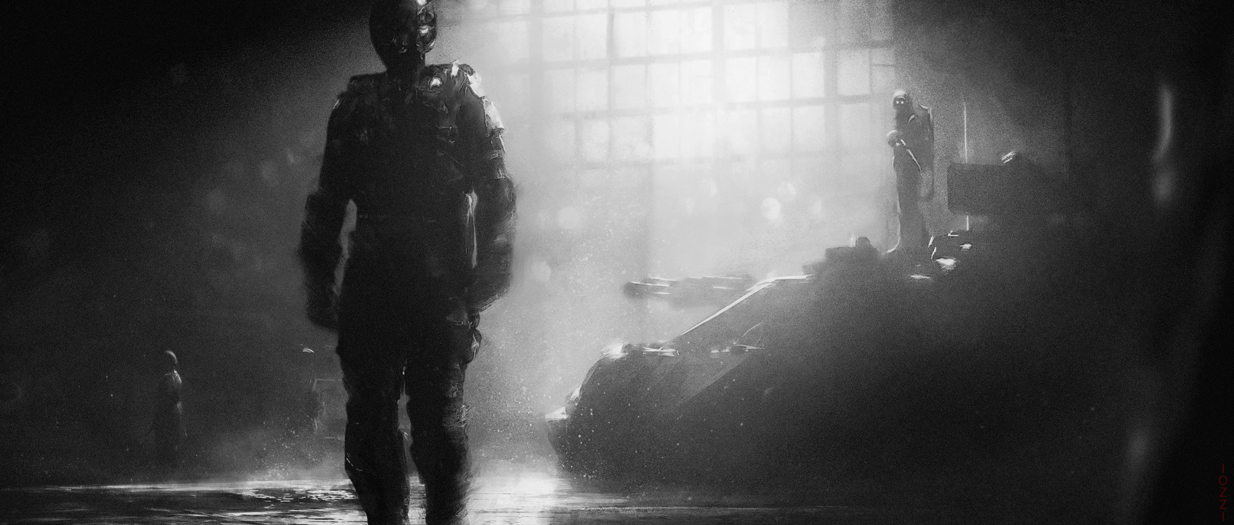 A person walking in a dimly lit, misty industrial or warehouse setting with large windows in the background. Two other figures are visible in the distance, one holding an object. The scene has a gritty, atmospheric feel with wet surfaces reflecting l
