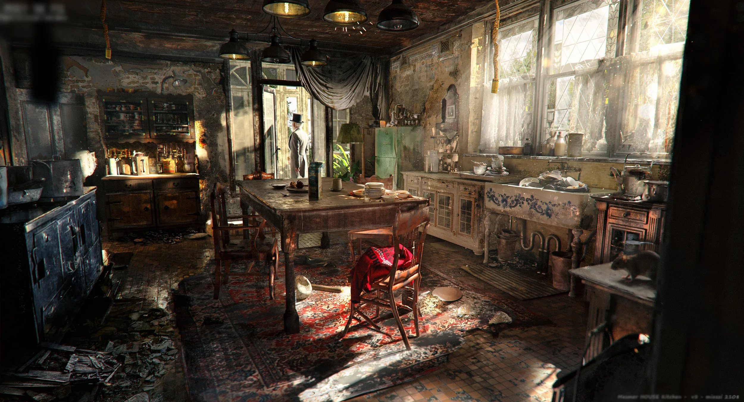 An abandoned, burnt-out kitchen with charred walls, broken windows, and scattered debris. There is a wooden dining table with chairs, some dishes, and a red cloth. Sunlight streams through the broken windows, illuminating the scene and highlighting t