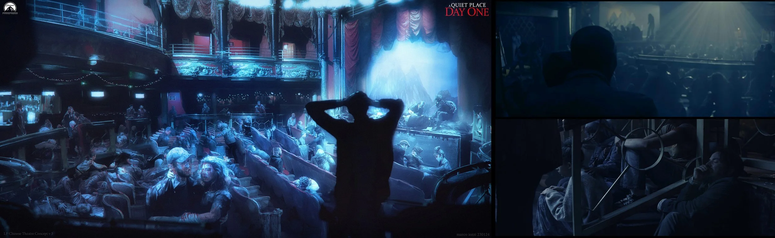 A dark theater interior with people seated and waiting for a performance to start, stage with blue lighting and red velvet curtains, audience members waiting in the amphitheater and balcony sections.