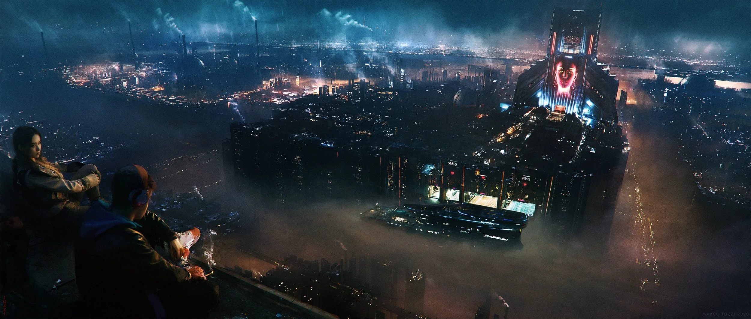 Two people sitting on a high ledge overlooking a cyberpunk city skyline at night, with tall illuminated skyscrapers, some with digital faces, and a smoky, foggy atmosphere.