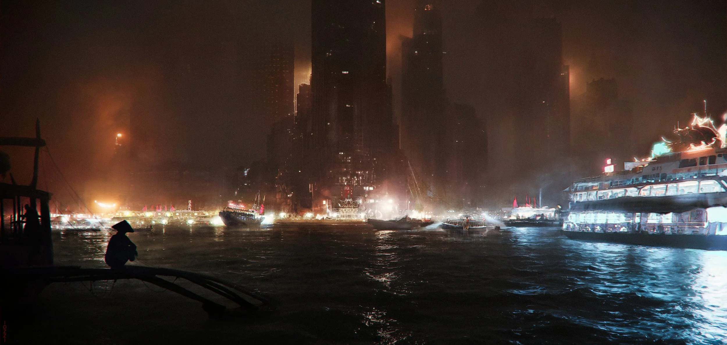 Nighttime city skyline with illuminated tall buildings, boats on river, and ghostly reflections on water. blade runner