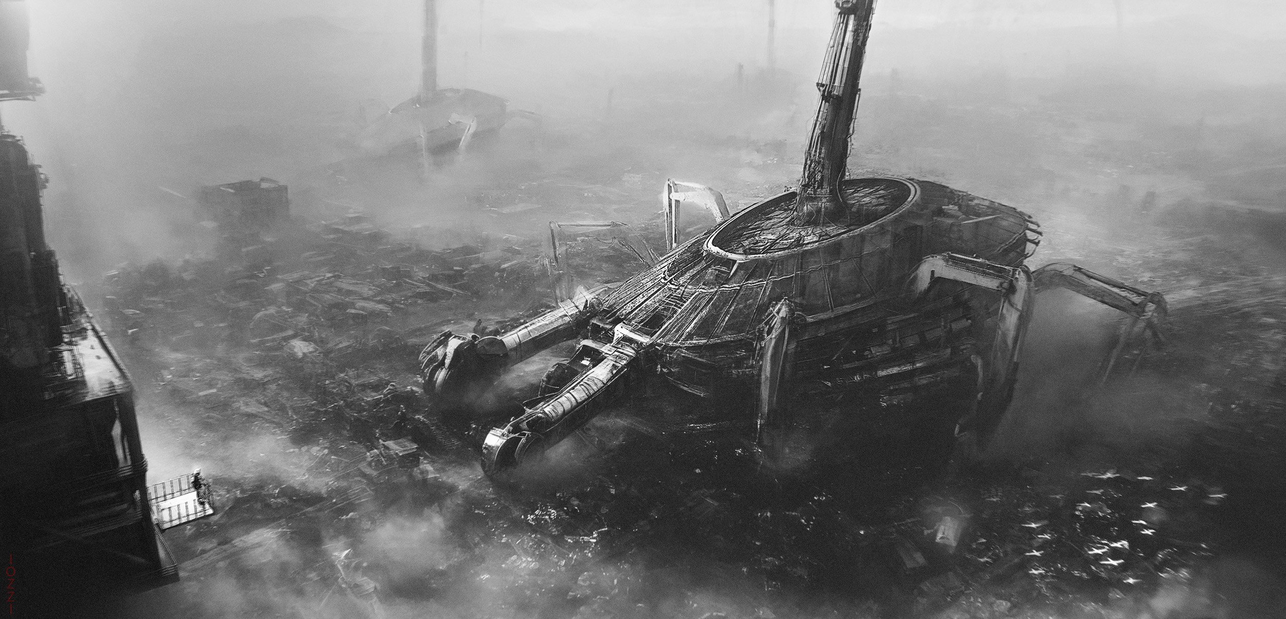 A black and white photo of a destroyed building with a huge mechanical structure collapsed on the ground, surrounded by smoke and debris.