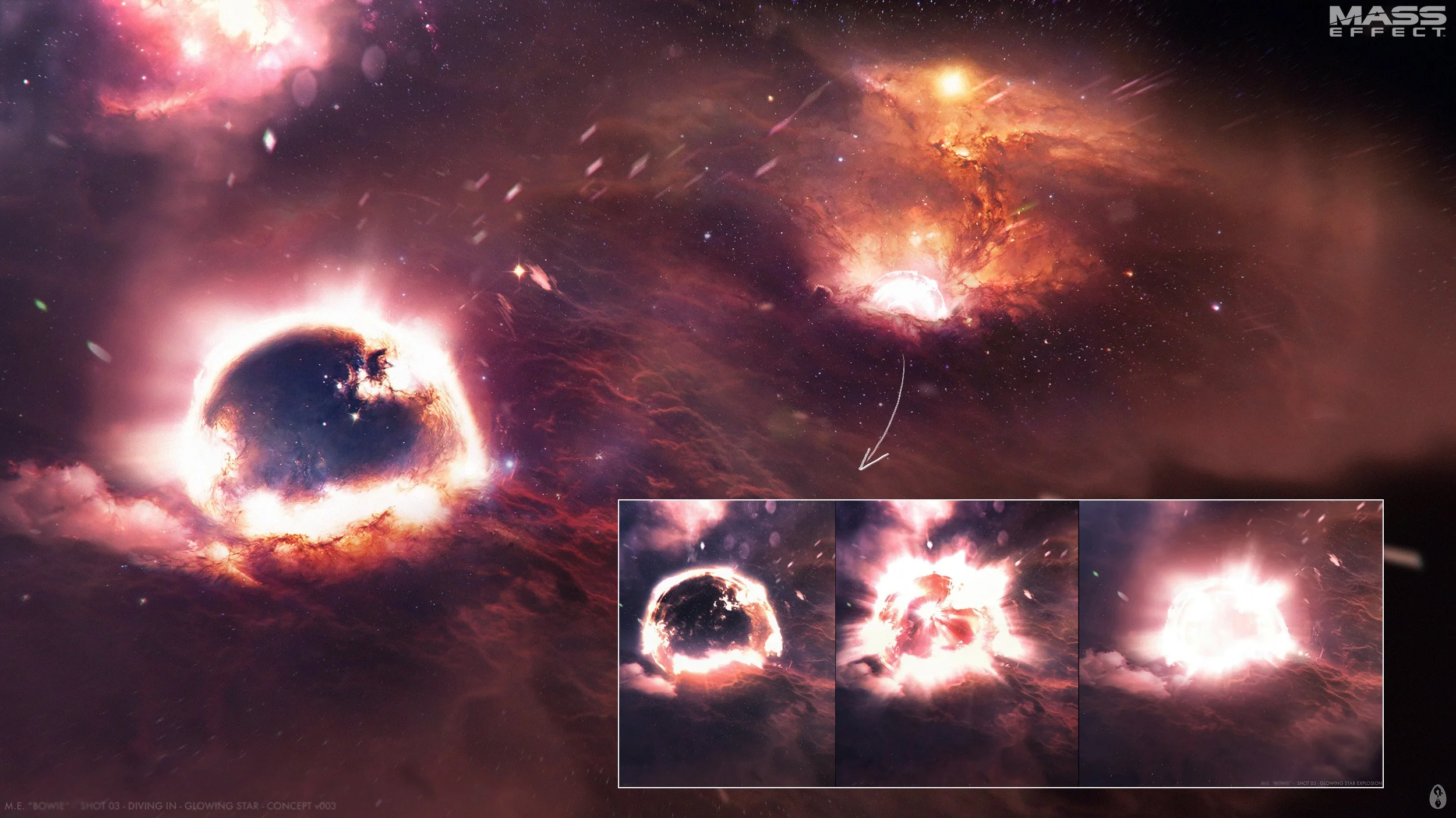 A space scene showing a glowing star explosion, nebulae, and cosmic clouds. Multiple smaller images at the bottom show different angles or stages of a stellar explosion or supernova. Mass Effect concept art