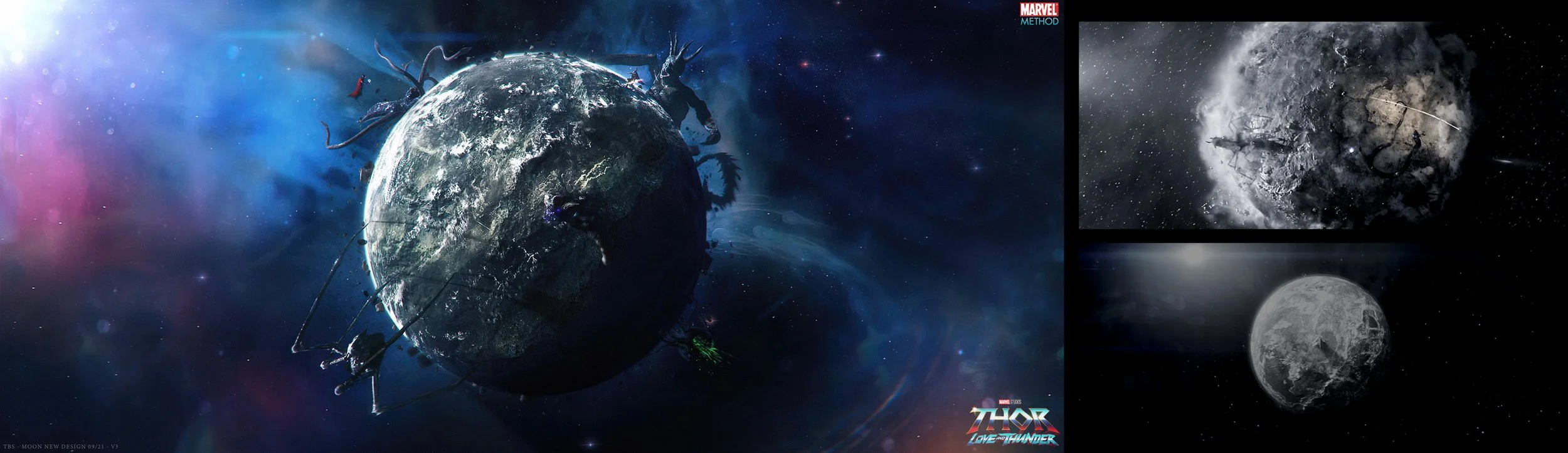 Three images related to the Marvel movie Thor: Love and Thunder. The left side shows a distorted Earth with cosmic debris and tentacle-like structures around it. The top right shows a cratered moon with two characters; one is flying, and the other ap