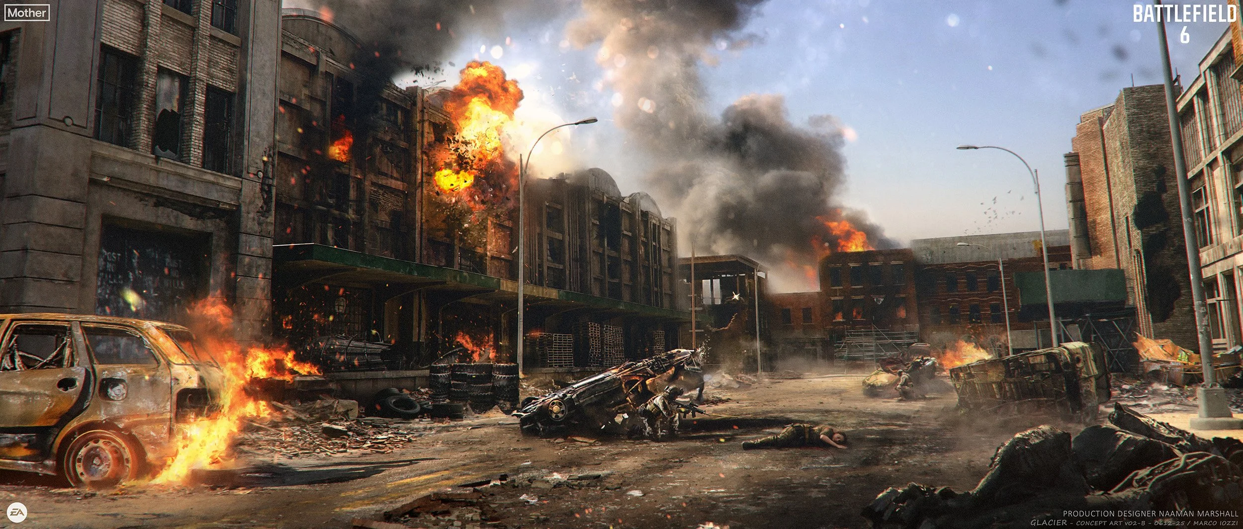A city street scene during a large explosion with fire, smoke, and debris. Multiple vehicles, including a burning car in the foreground, and damaged buildings with shattered windows and flames. The sky is partly cloudy. Battlefield 6 concept art