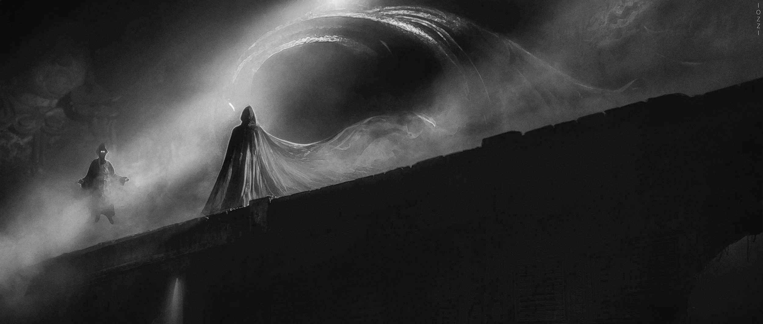 illustration of fantasy cave entrance, a flying wizard welcomes a veiled character on a bridge