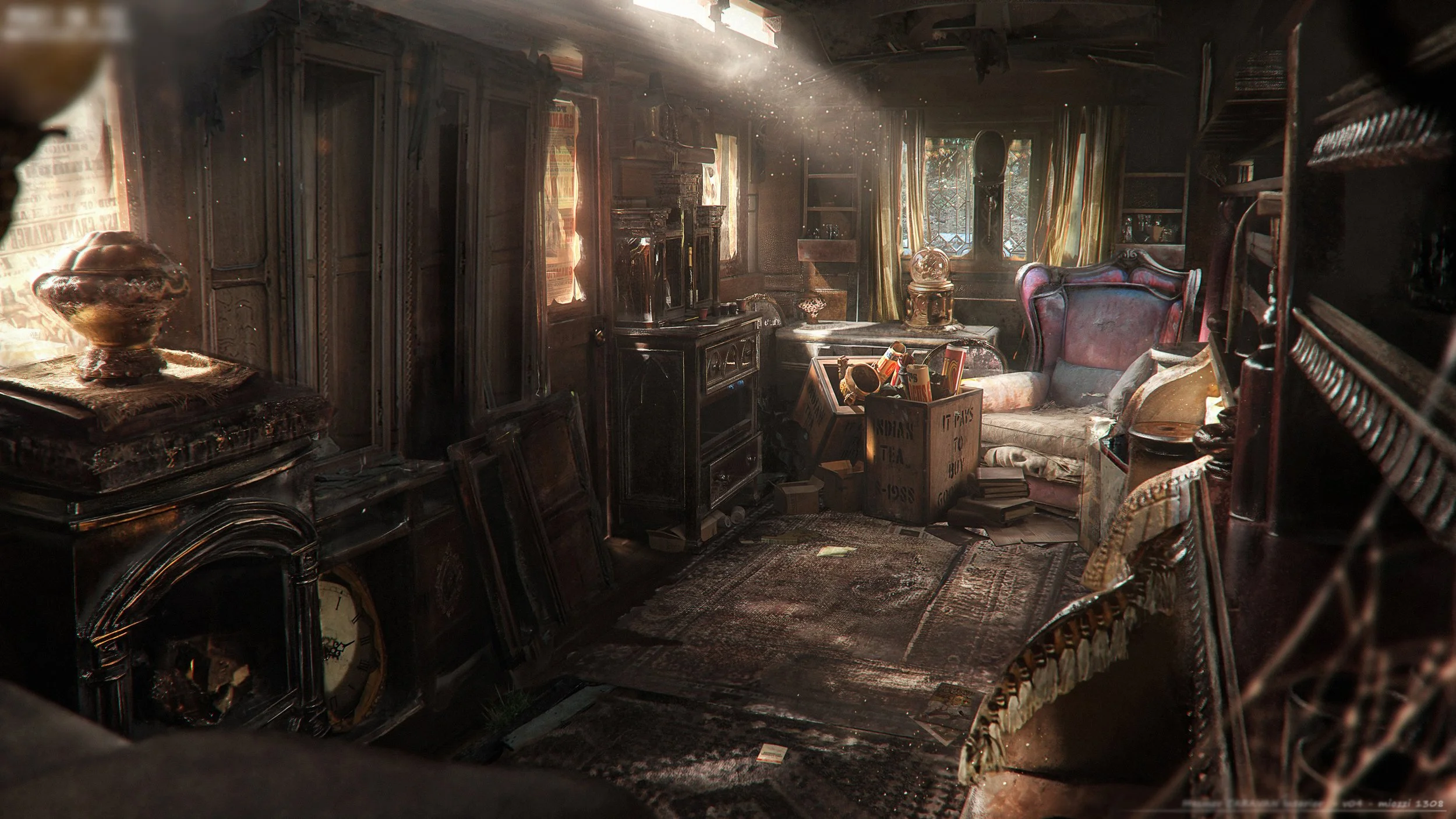 A room filled with old, dusty furniture and clutter, with sunlight streaming through tattered curtains. The room has a vintage, abandoned feel.