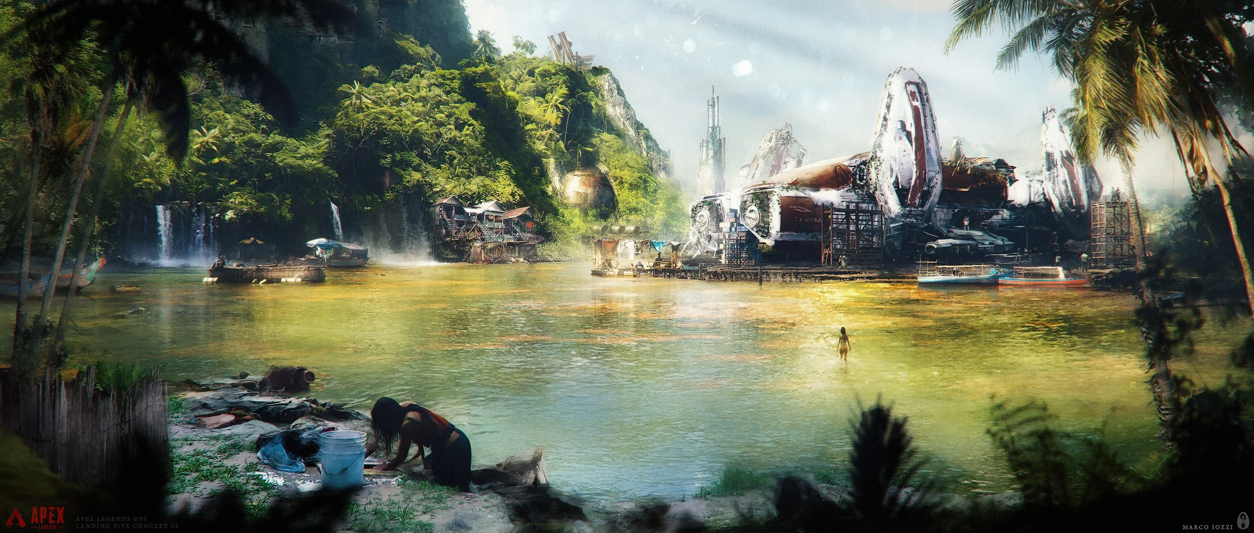 A jungle landscape with clear water, lush green trees, and waterfalls. In the distance, there are large, futuristic, and damaged spaceship wreckage on a platform near the water. A woman stands in the water, and two people are on the shore. Video game