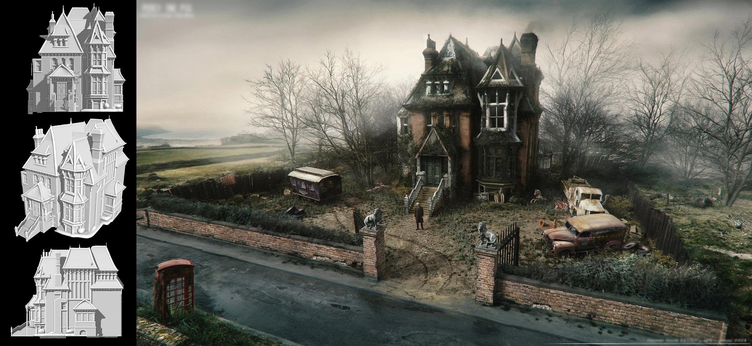 A haunted, abandoned Victorian-style mansion with boarded-up windows, overgrown yard, rusted cars, broken fences, leafless trees, and a man standing in front.