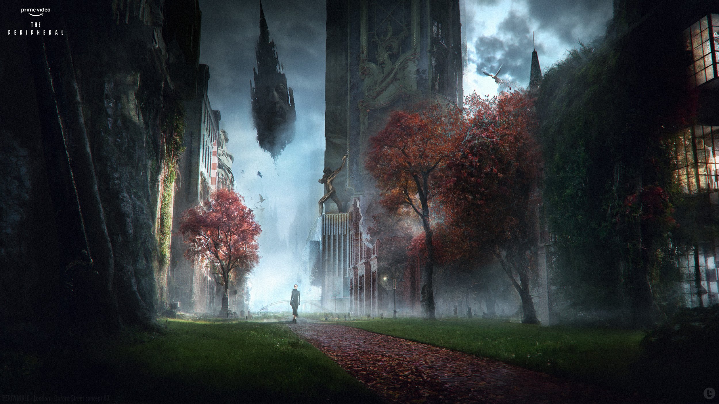 A dystopian cityscape with tall, gothic buildings, some enveloped in fog and overgrown with moss. Red-leaved trees line a pathway in the foreground, leading to a solitary figure strolling through the scene. Floating, distorted faces and a flying crea