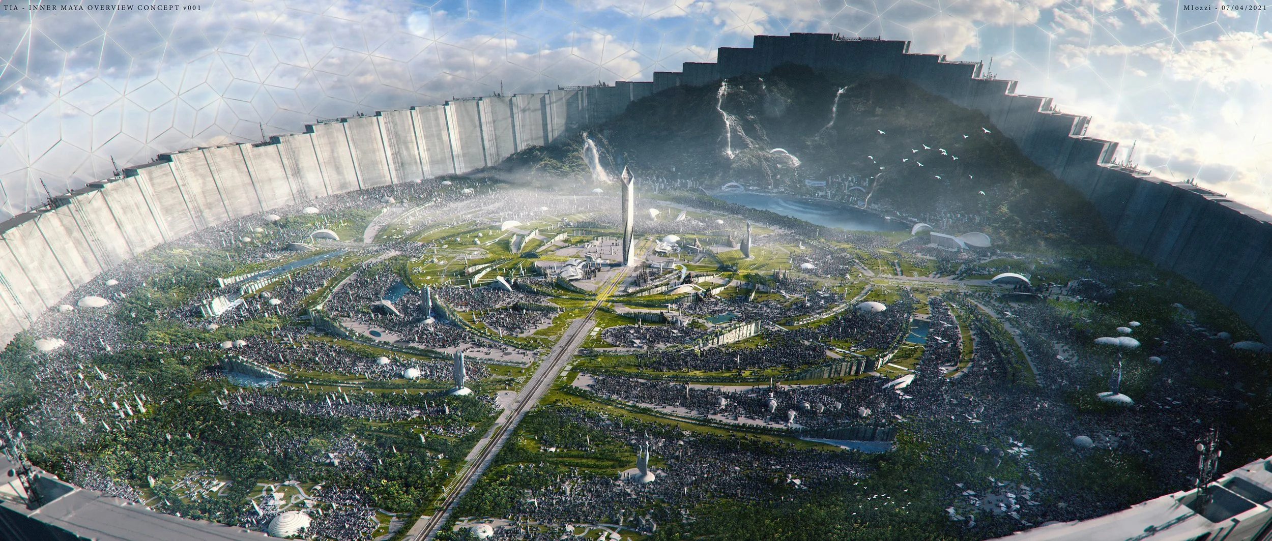 A futuristic cityscape with towering buildings, lush green parks, and a massive wall surrounding the city, set against a mountainous backdrop with waterfalls and fountains.